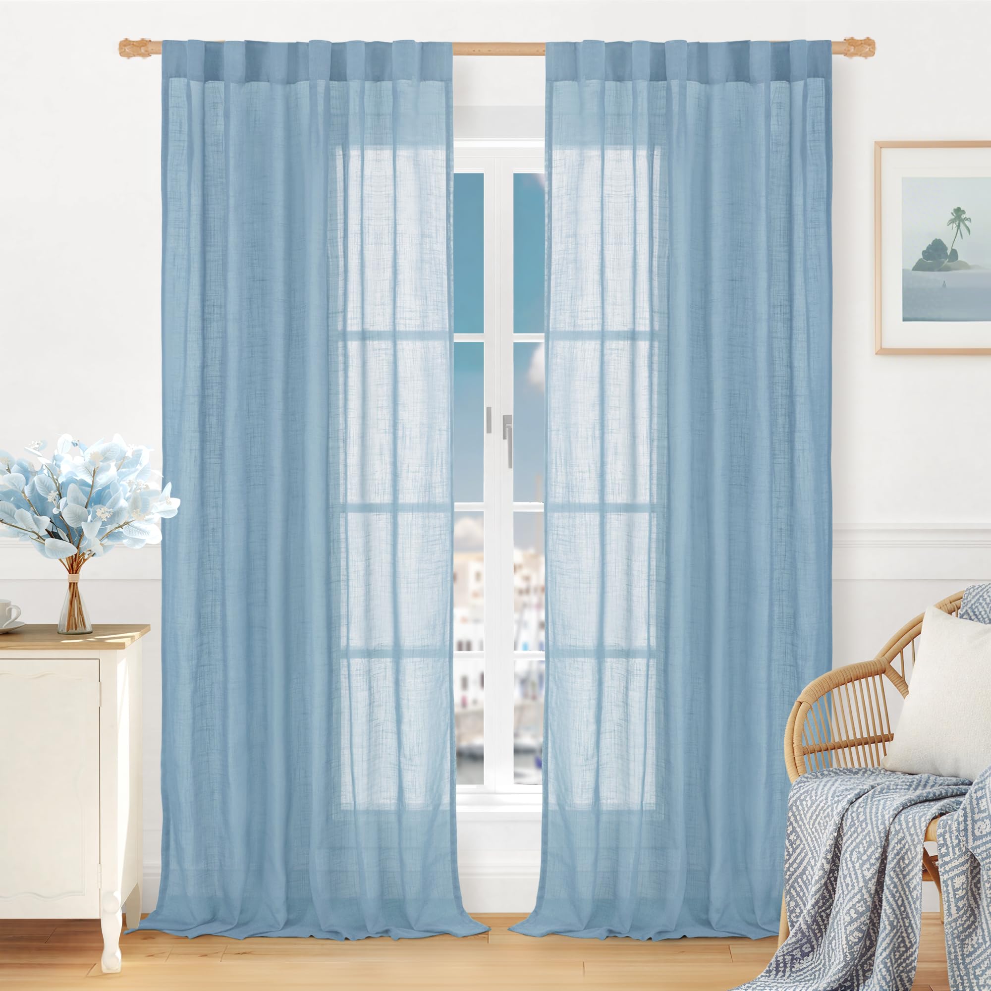 LAMIT Natural Linen Sheer Curtains 90 Inches Long 2 Panels, Long Light Filtering Window Treatments Back Tab and Rod Pocket Farmhouse Boho Panels for Living Room/Bedroom/Dining Room, 52 x 90 Inch