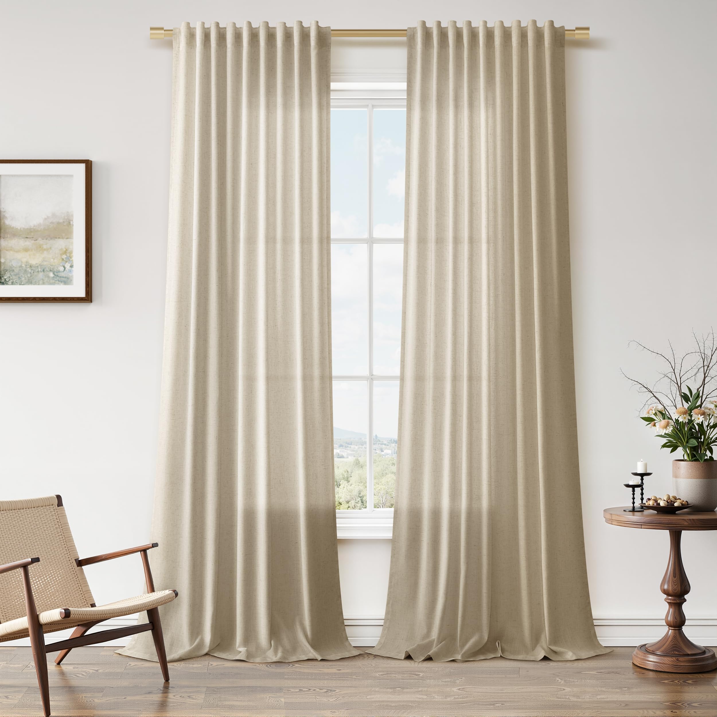 Nanspring Linen Curtains 80 Inches Long for Living Room Semi Sheer Light Filtering Curtain Back Tab Neutral Boho Modern Farmhouse Window Drapes for Bedroom 52x80 2 Panels Cream Ivory Beige Natural