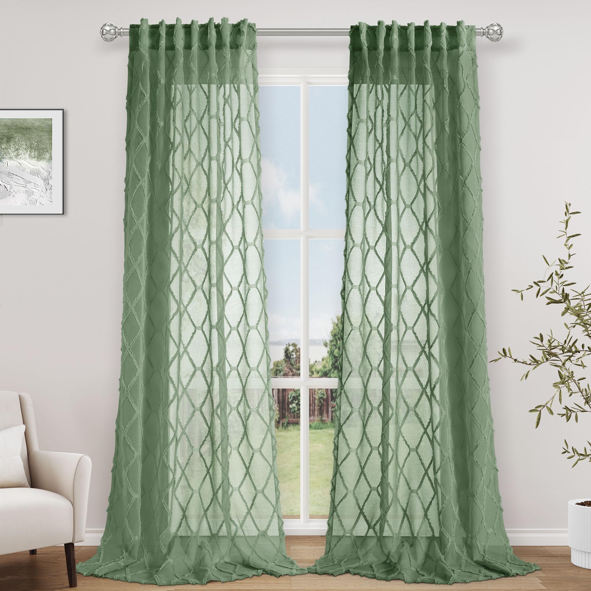 108" Beige Linen Sheer Curtains, 2 Panels, Tuft Pattern for Living Room & Bedroom
