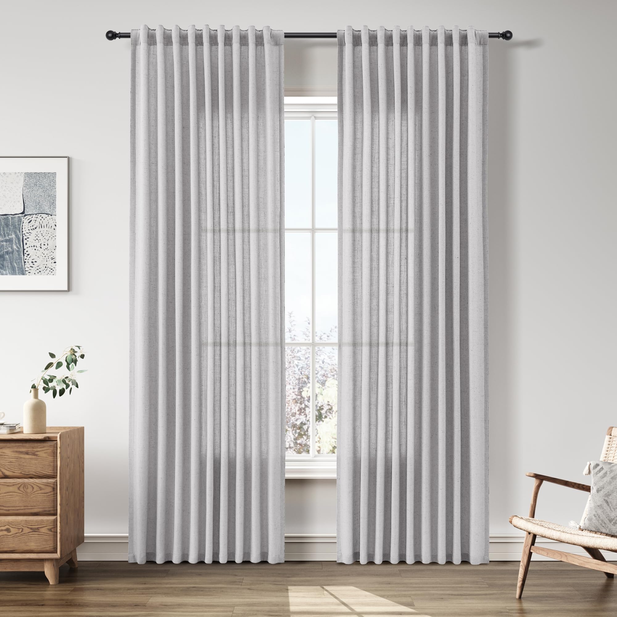 Nanspring Linen Curtains 80 Inches Long for Living Room Semi Sheer Light Filtering Curtain Back Tab Neutral Boho Modern Farmhouse Window Drapes for Bedroom 52x80 2 Panels Cream Ivory Beige Natural