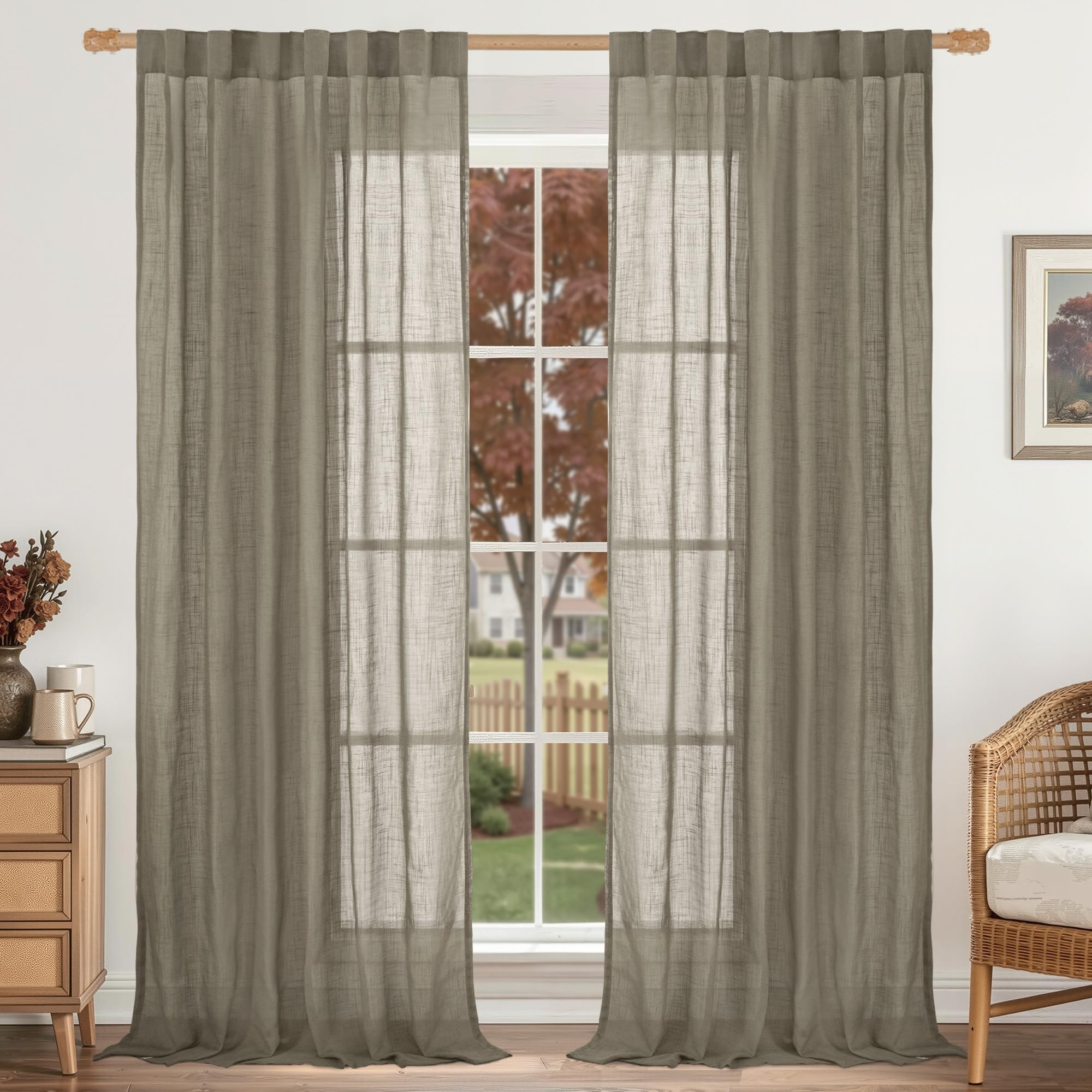 LAMIT Natural Linen Sheer Curtains 90 Inches Long 2 Panels, Long Light Filtering Window Treatments Back Tab and Rod Pocket Farmhouse Boho Panels for Living Room/Bedroom/Dining Room, 52 x 90 Inch