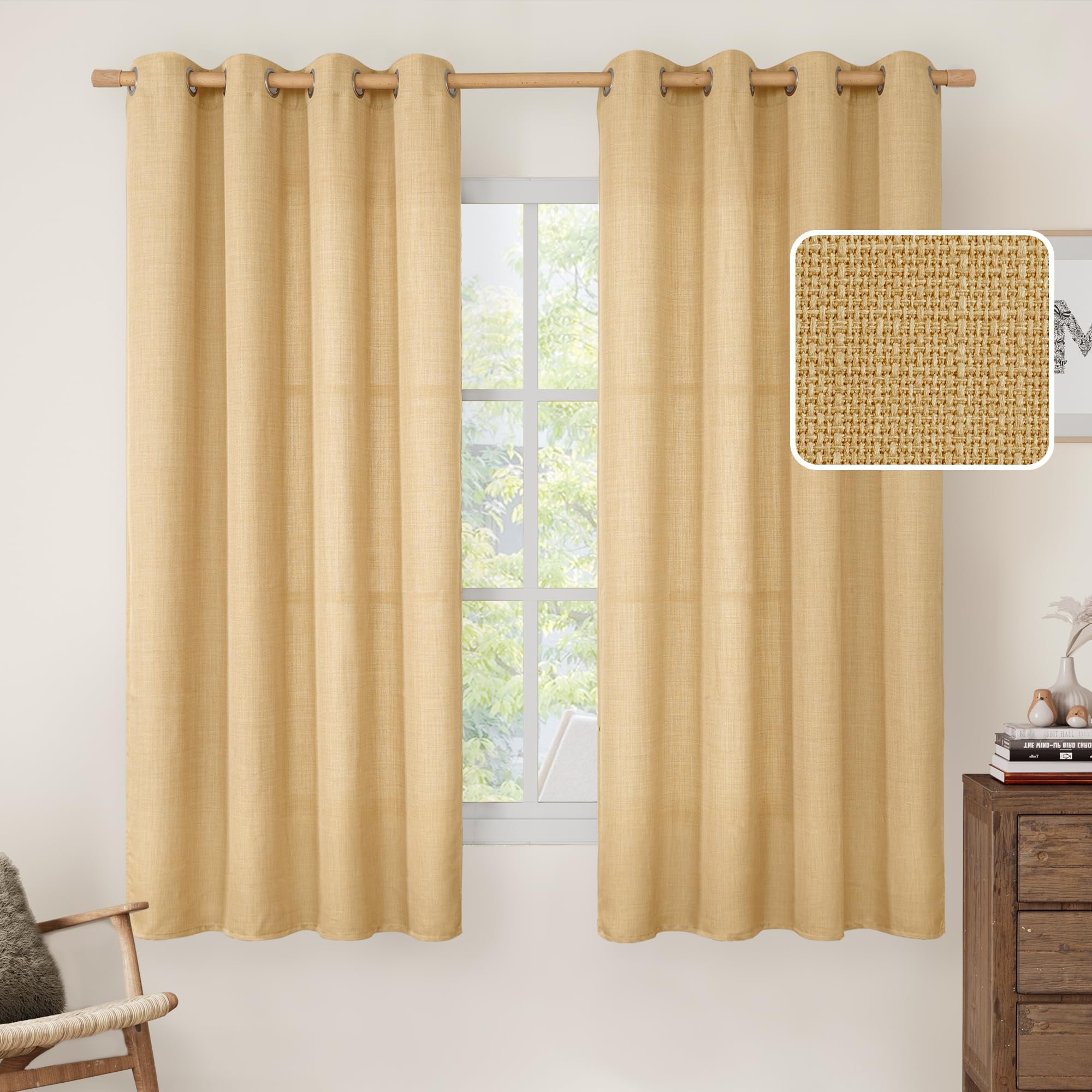 LAMIT Natural Cream Ivory Long Linen Curtains for Living Room, 108 inches Long Bronze Grommet Light Filtering Window Textured Neutral Sheer Drapes for Bedroom Farmhouse, 2 Panels, 52 x 108 Inch