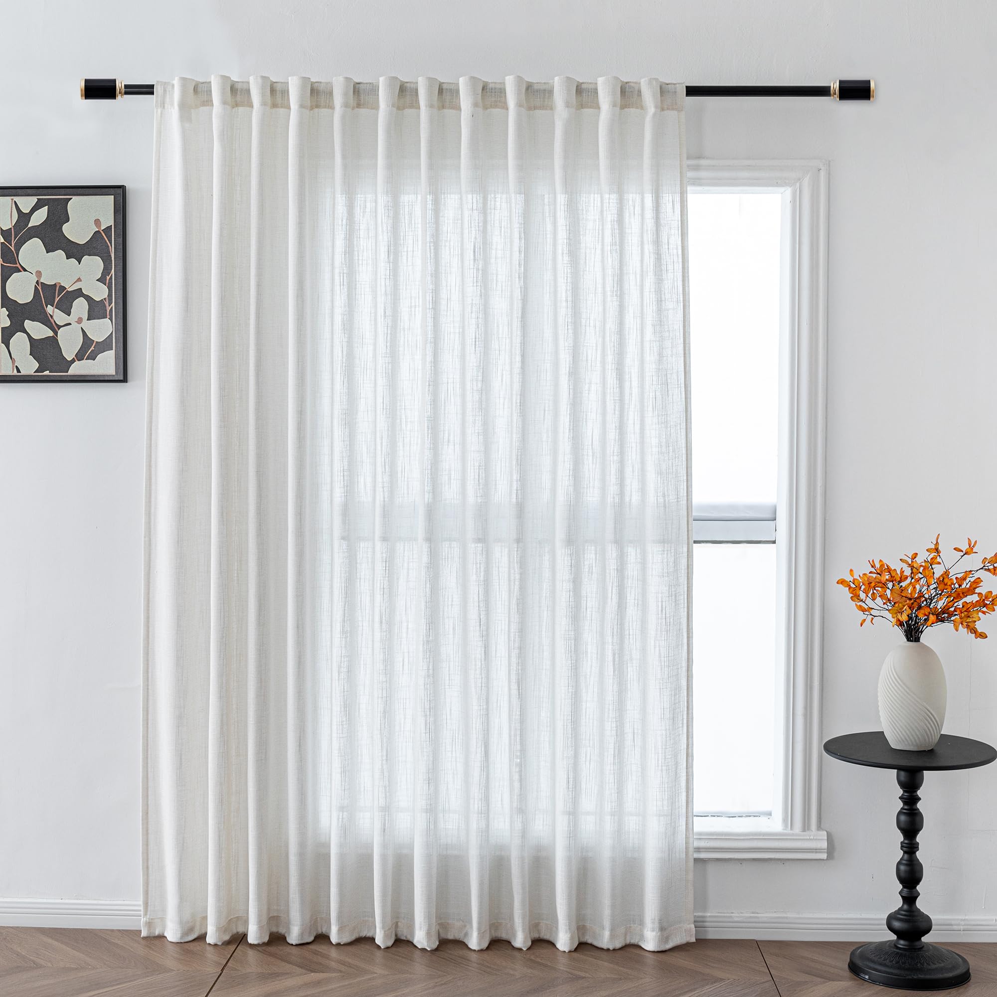 MYSKY HOME Country Curtains for Sliding Glass Door, Back Tab Semi Sheer Curtain Panels Extra Long Floor Length Drapes Linen Texture Soft Touch, 50x108 Inch, Linen, Set of 2