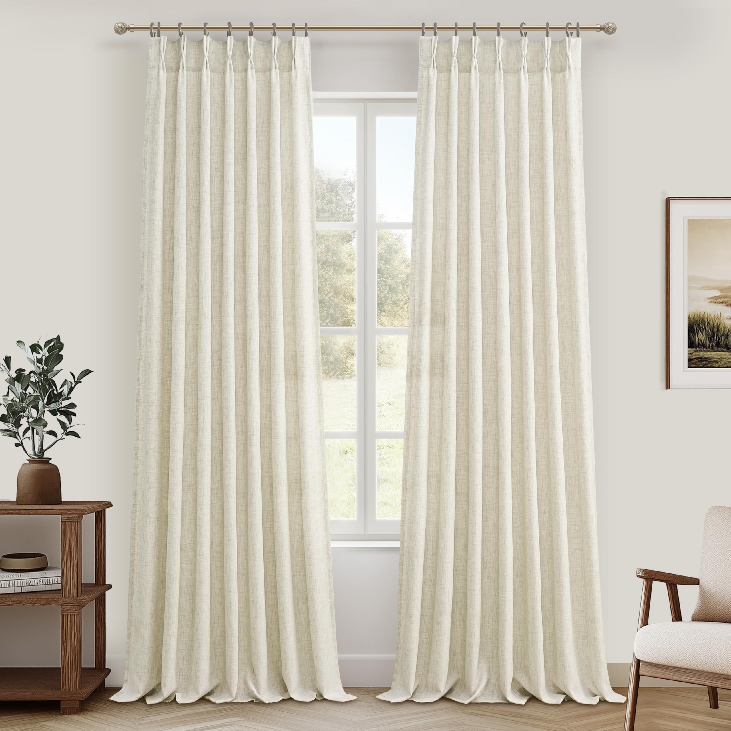 Pinch Pleated Linen Curtains 96 Inches Long for Living Room Bedroom, Light Filtering Boho Window Drape 96 inch 2 Panels Burgs with Hooks&Rings 8ft Cream Birch Sliding Glass Door Sheer Curtain Decor