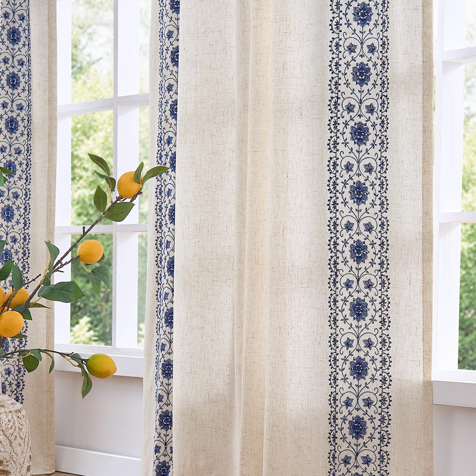 jinchan Weslie Beige Floral Sheer Curtains for Living Room 84 Inch Long Embroidered Voile Farmhouse Linen Curtains for Bedroom Ivory Flower Patterned Cottage Core Window Drapes 2 Panels Ivory on Beige