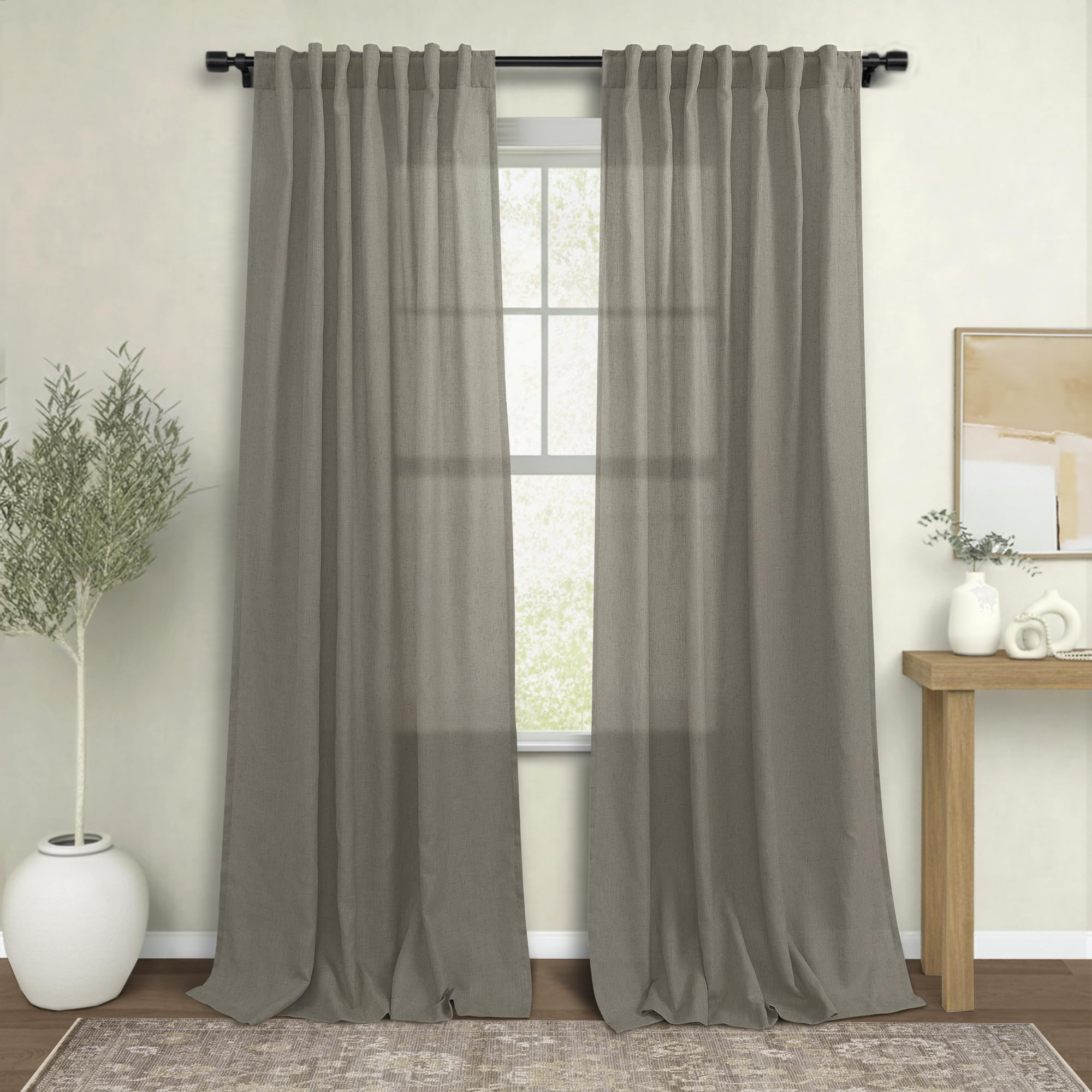 KOUFALL 92 Inch Curtains for Living Room 2 Panels Set,Light Filtering Farmhouse Boho Linen Semi Sheer Curtain Drapes 92 Inches Long for Bedroom,Cream Ivory