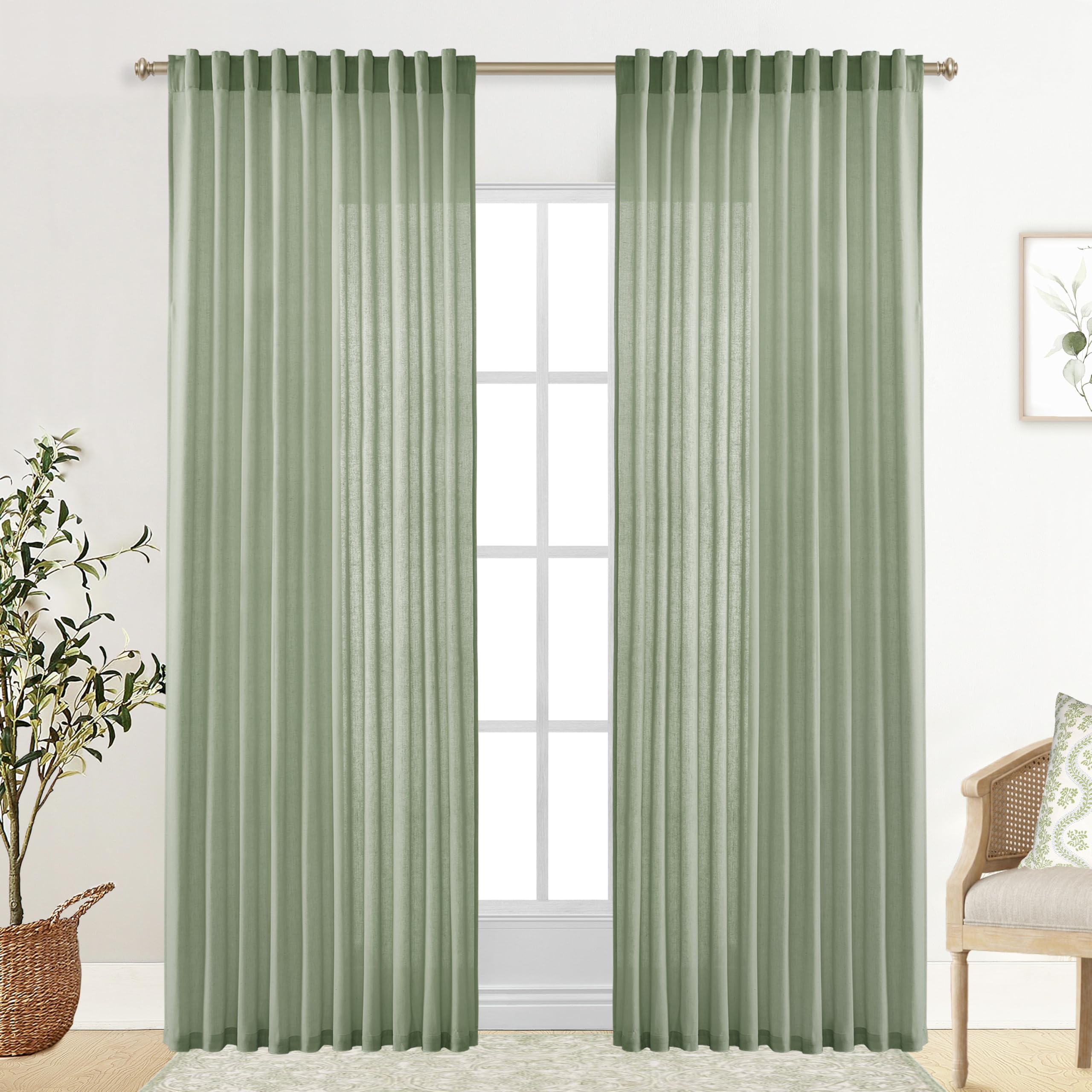 XTMYI 90 Inches Long Sheer Linen Curtains 2 Panels Set,Hook Tape Back Tab Semi Sheer Cotton Blend Fabric Modern Cottage Core Cottagecore Curtain Drapes for Living Room Bedroom,50x90 in Length