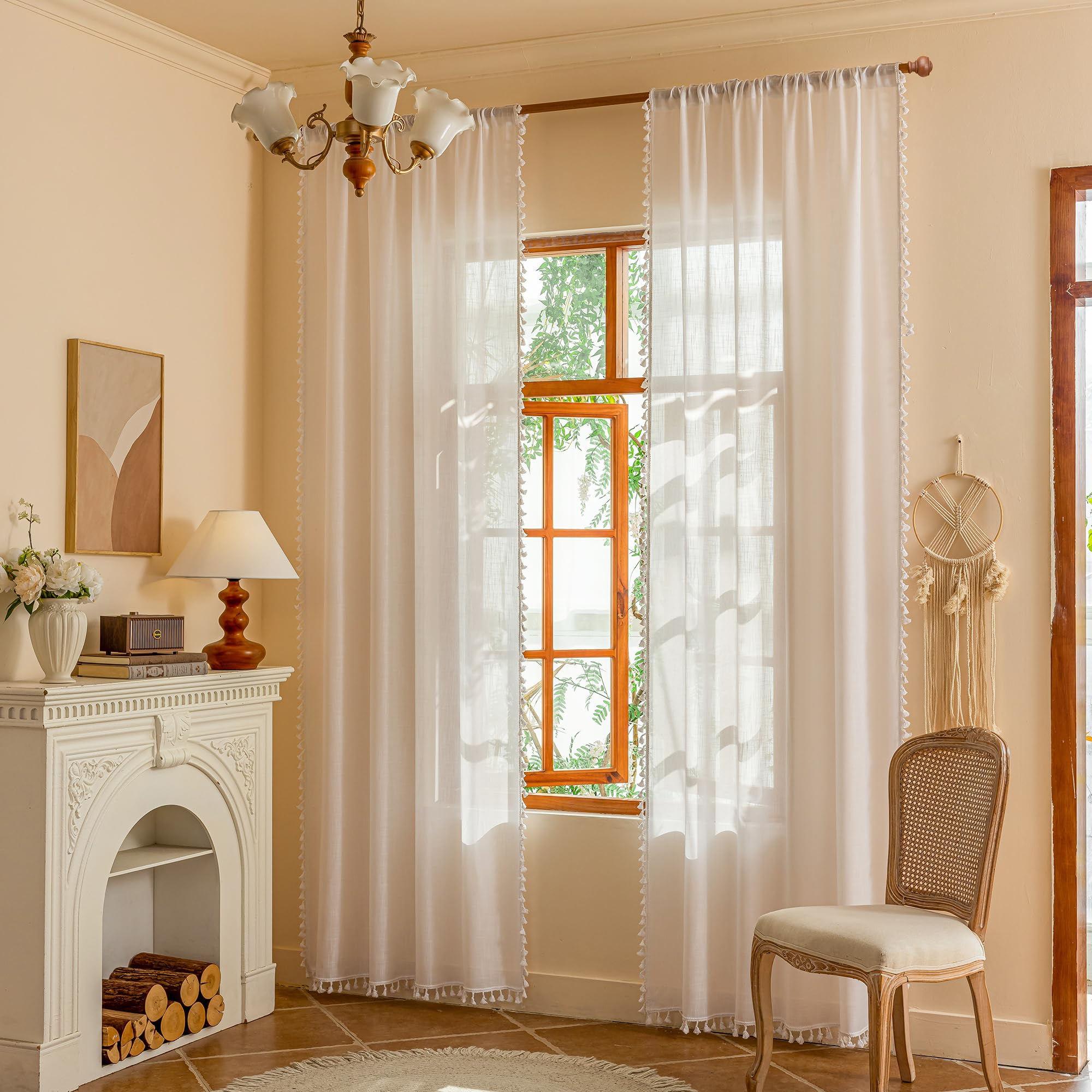 MYSKY HOME Country Curtains for Sliding Glass Door, Back Tab Semi Sheer Curtain Panels Extra Long Floor Length Drapes Linen Texture Soft Touch, 50x108 Inch, Linen, Set of 2