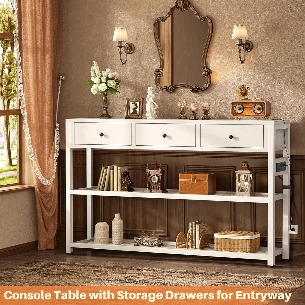 Ecoprsio 47'' Entryway Table with Outlets and USB Ports, Console Table with 3 Drawers, Sofa Table Narrow Long with Storage Shelves for Living Room, Couch, Hallway, Foyer, Kitchen Counter, White