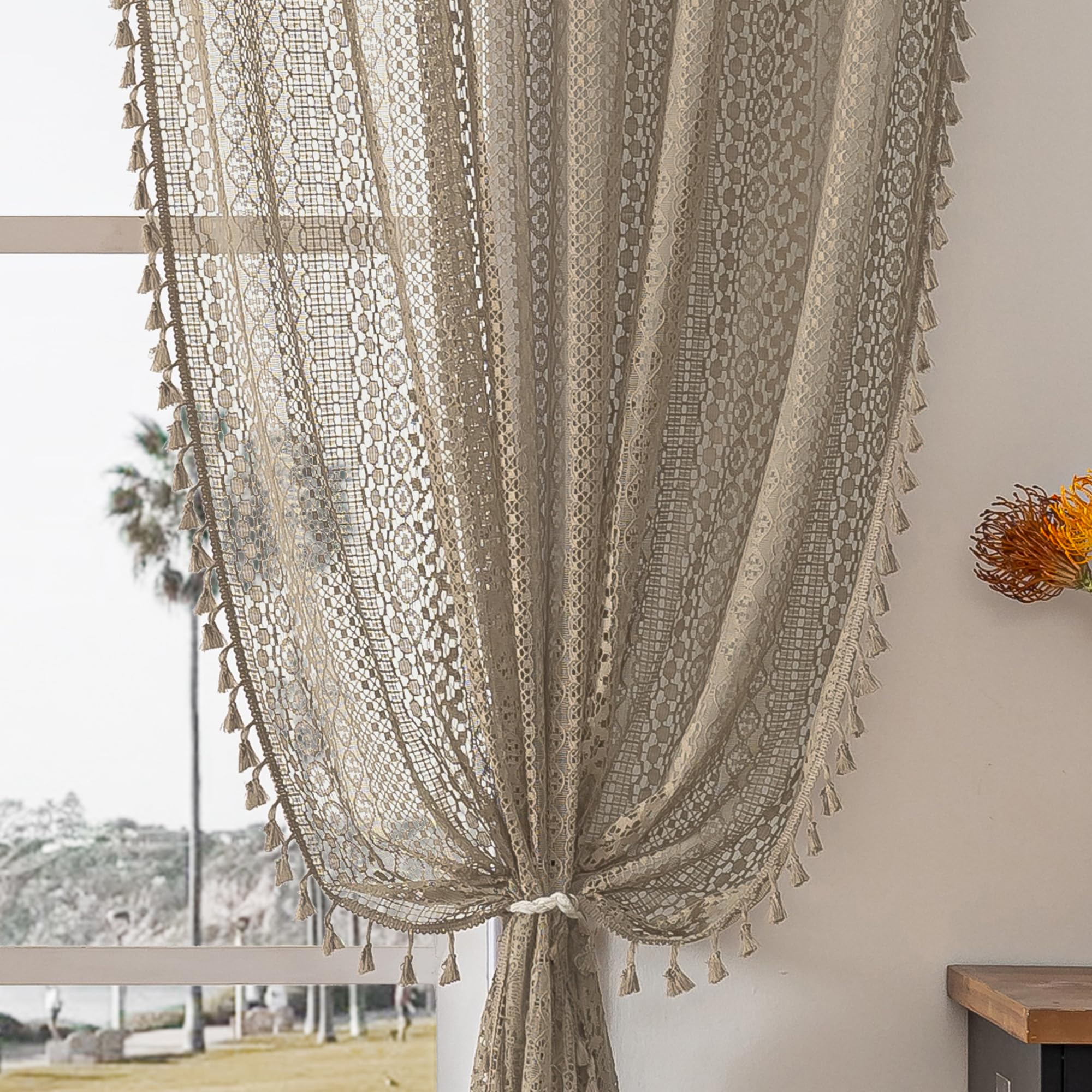 WAZZIO Boho Lace Curtains 108 Inch 2 Panel,Light Filtering Privacy Tassel & Geometry Crochet Semi Sheer Curtain Drapes for Bedroom Living Dining Room,Rod Pocket & Tassel,Vintage Farmhouse Decor,Beige