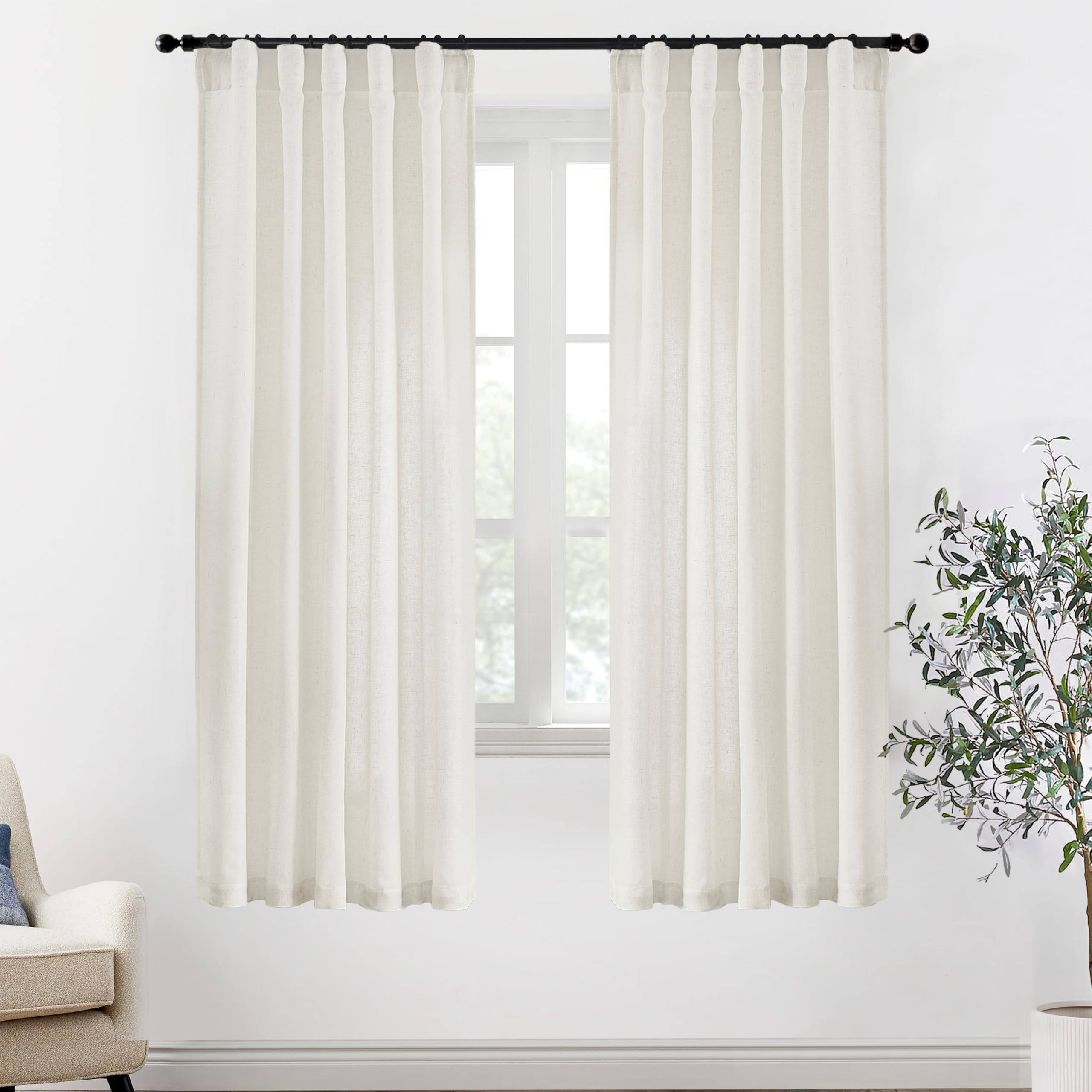 XTMYI 90 Inches Long Sheer Linen Curtains 2 Panels Set,Hook Tape Back Tab Semi Sheer Cotton Blend Fabric Modern Cottage Core Cottagecore Curtain Drapes for Living Room Bedroom,50x90 in Length