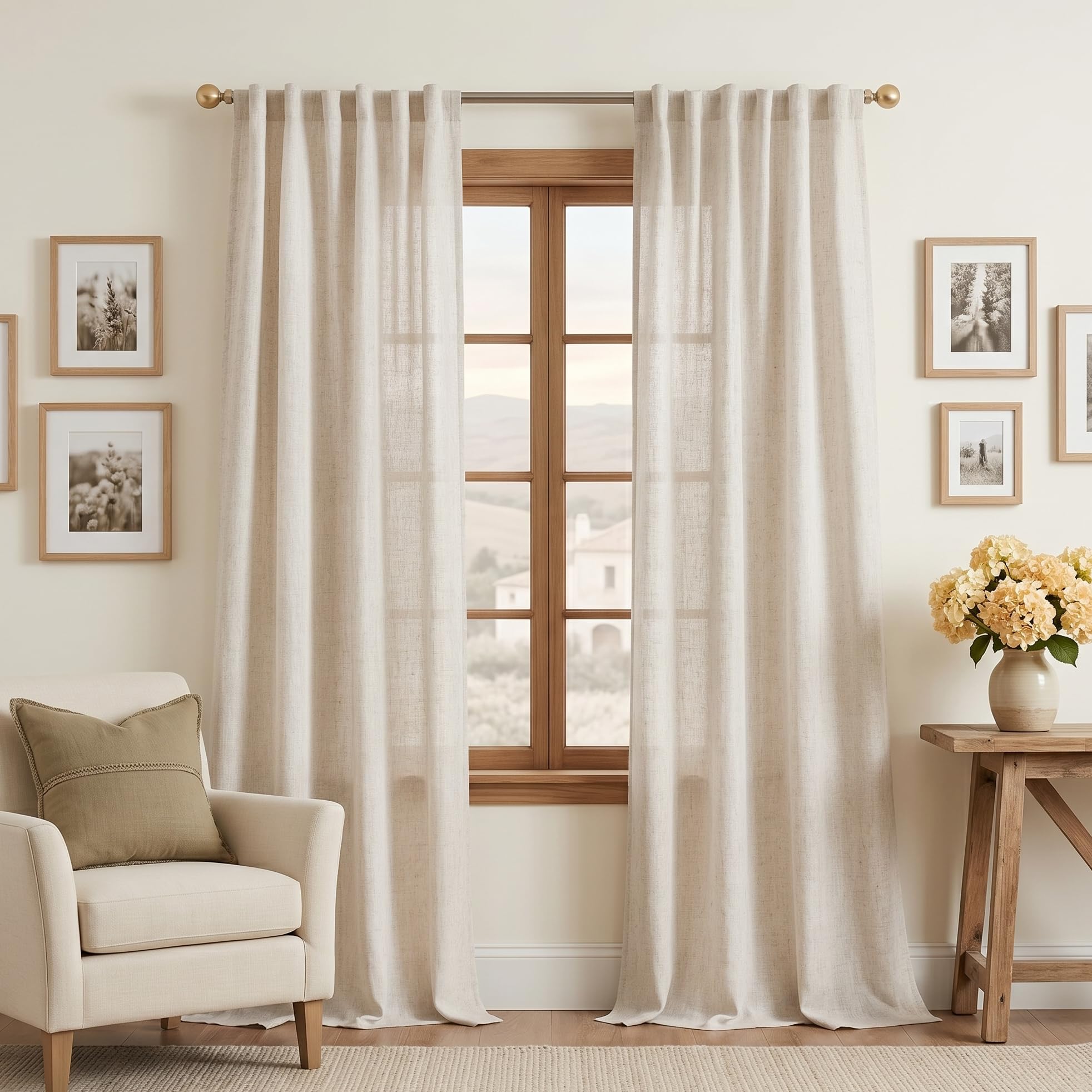 MYSKY HOME Country Curtains for Sliding Glass Door, Back Tab Semi Sheer Curtain Panels Extra Long Floor Length Drapes Linen Texture Soft Touch, 50x108 Inch, Linen, Set of 2