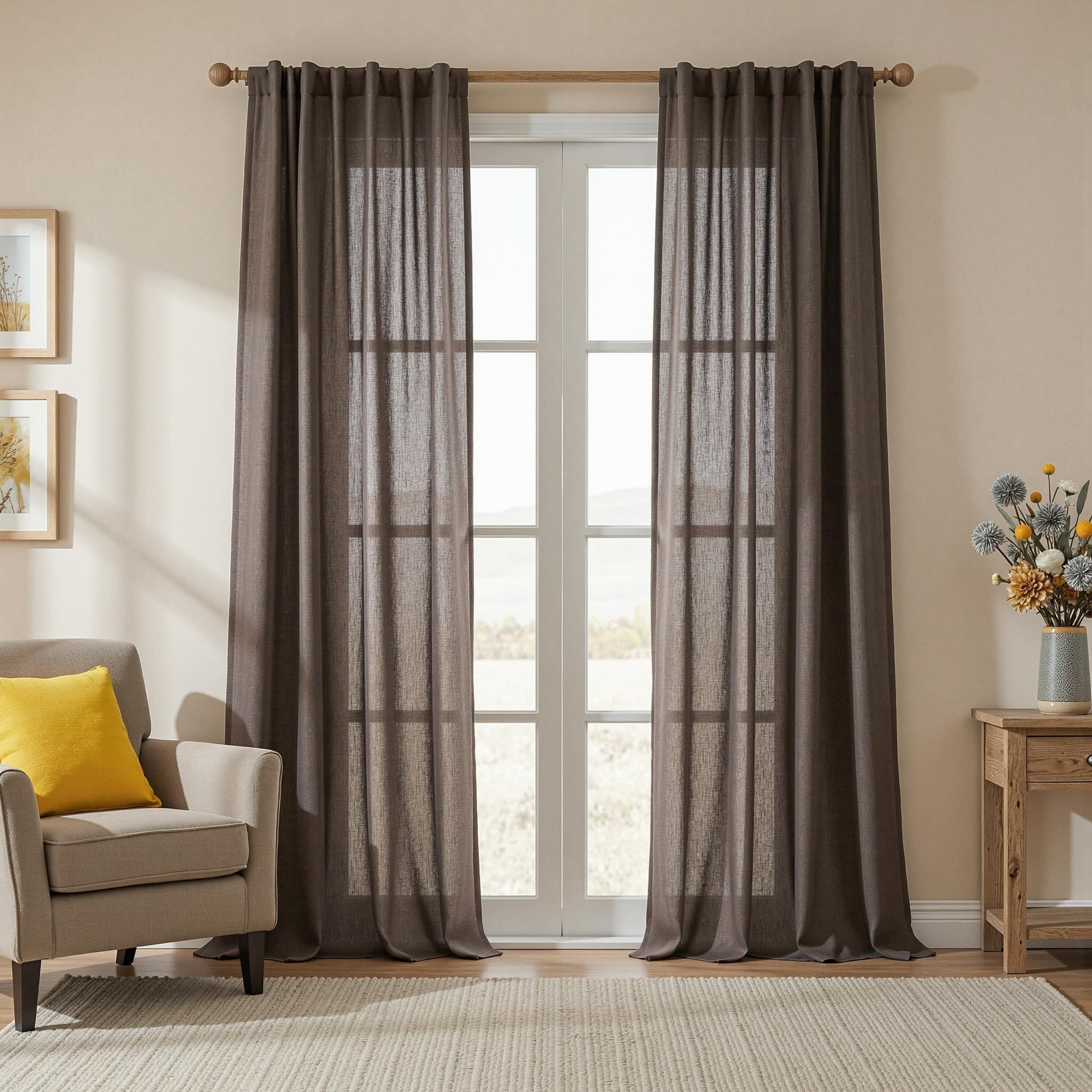 MYSKY HOME Country Curtains for Sliding Glass Door, Back Tab Semi Sheer Curtain Panels Extra Long Floor Length Drapes Linen Texture Soft Touch, 50x108 Inch, Linen, Set of 2