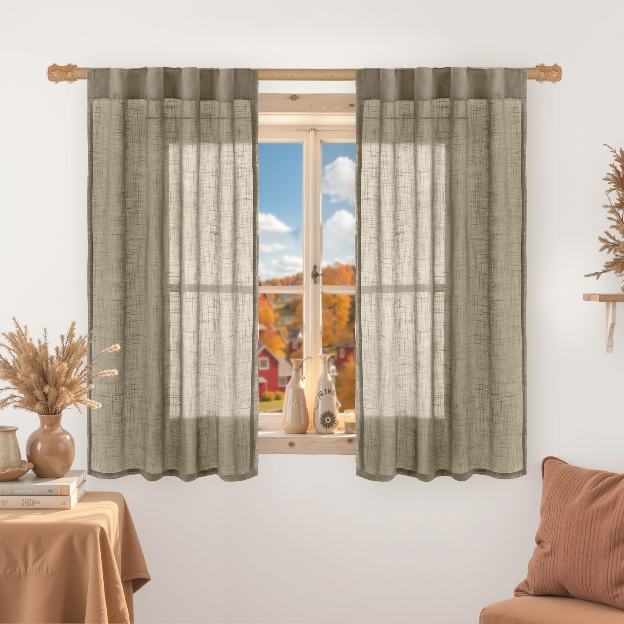 LAMIT Natural Linen Sheer Curtains 90 Inches Long 2 Panels, Long Light Filtering Window Treatments Back Tab and Rod Pocket Farmhouse Boho Panels for Living Room/Bedroom/Dining Room, 52 x 90 Inch