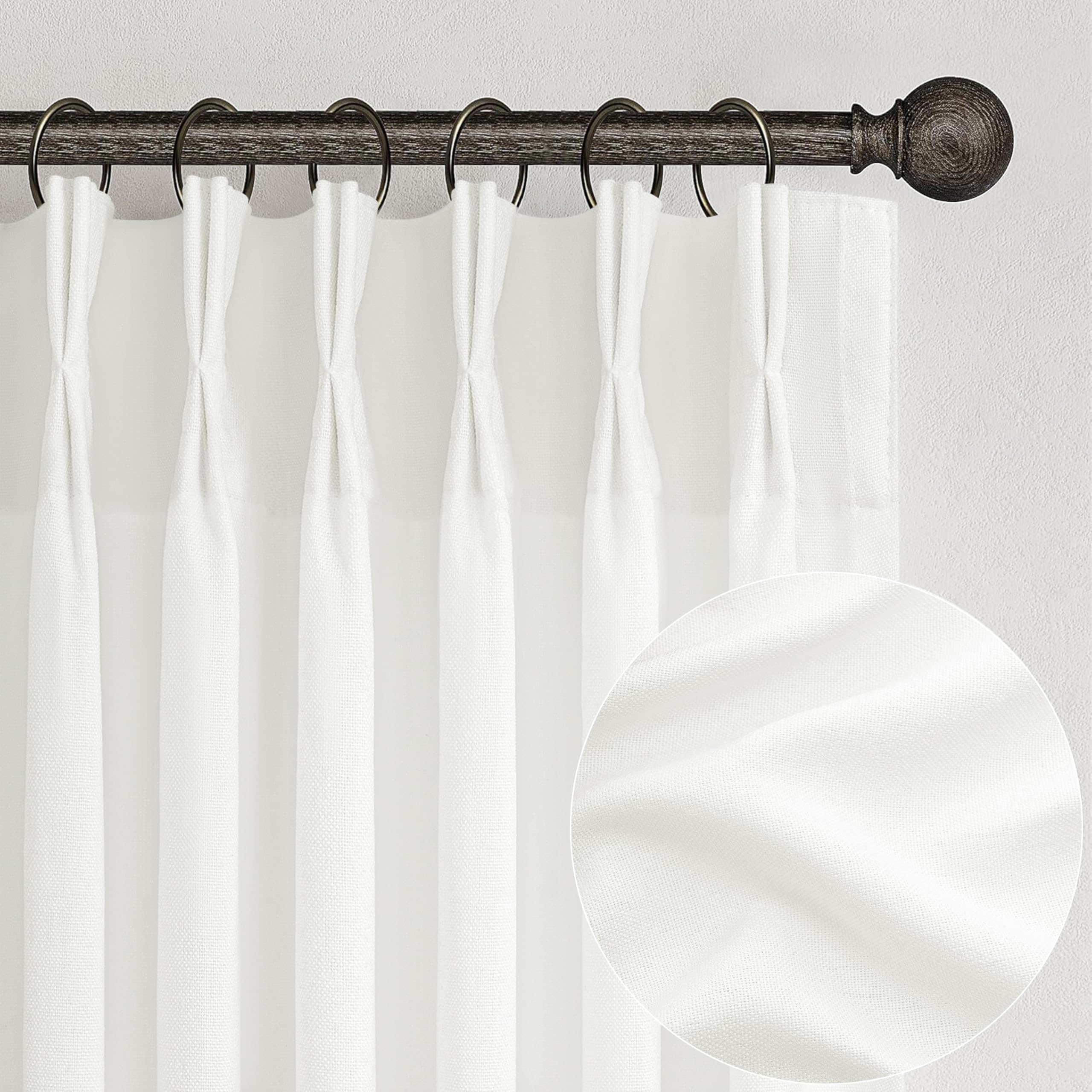 Pinch Pleated Linen Curtains 96 Inches Long for Living Room Bedroom, Light Filtering Boho Window Drape 96 inch 2 Panels Burgs with Hooks&Rings 8ft Cream Birch Sliding Glass Door Sheer Curtain Decor