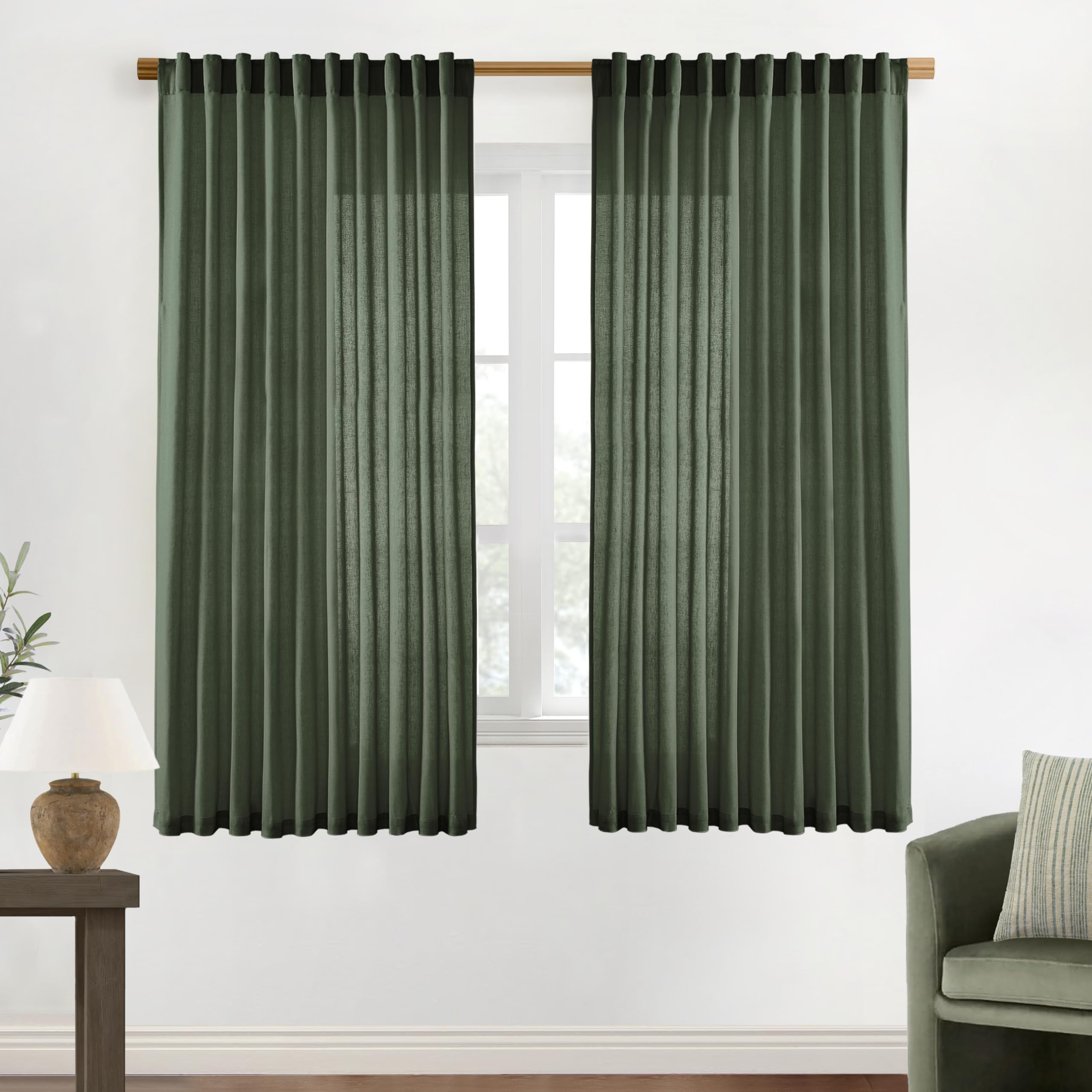 XTMYI 90 Inches Long Sheer Linen Curtains 2 Panels Set,Hook Tape Back Tab Semi Sheer Cotton Blend Fabric Modern Cottage Core Cottagecore Curtain Drapes for Living Room Bedroom,50x90 in Length