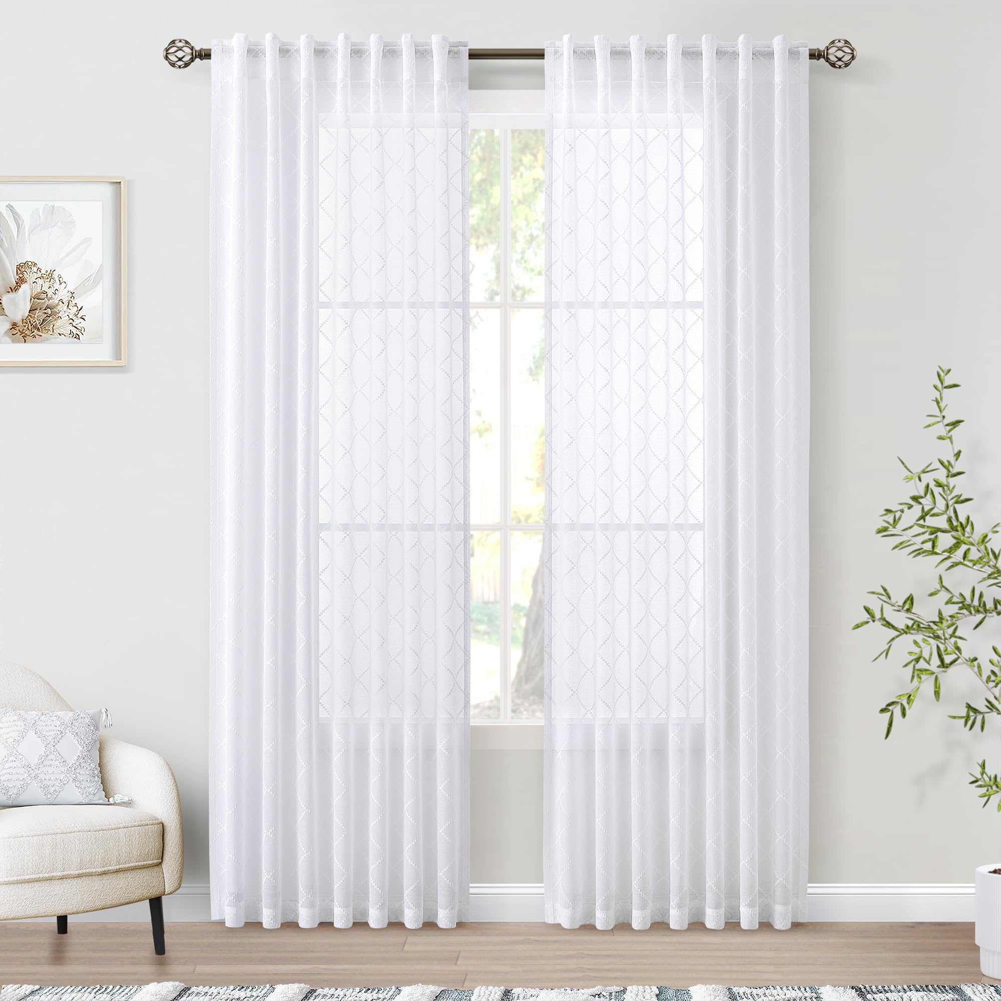 108" Beige Linen Sheer Curtains, 2 Panels, Tuft Pattern for Living Room & Bedroom