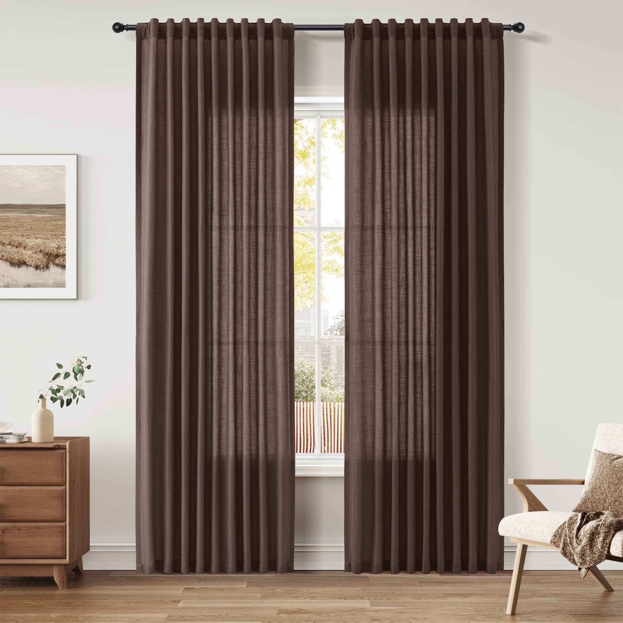 Nanspring Linen Curtains 80 Inches Long for Living Room Semi Sheer Light Filtering Curtain Back Tab Neutral Boho Modern Farmhouse Window Drapes for Bedroom 52x80 2 Panels Cream Ivory Beige Natural