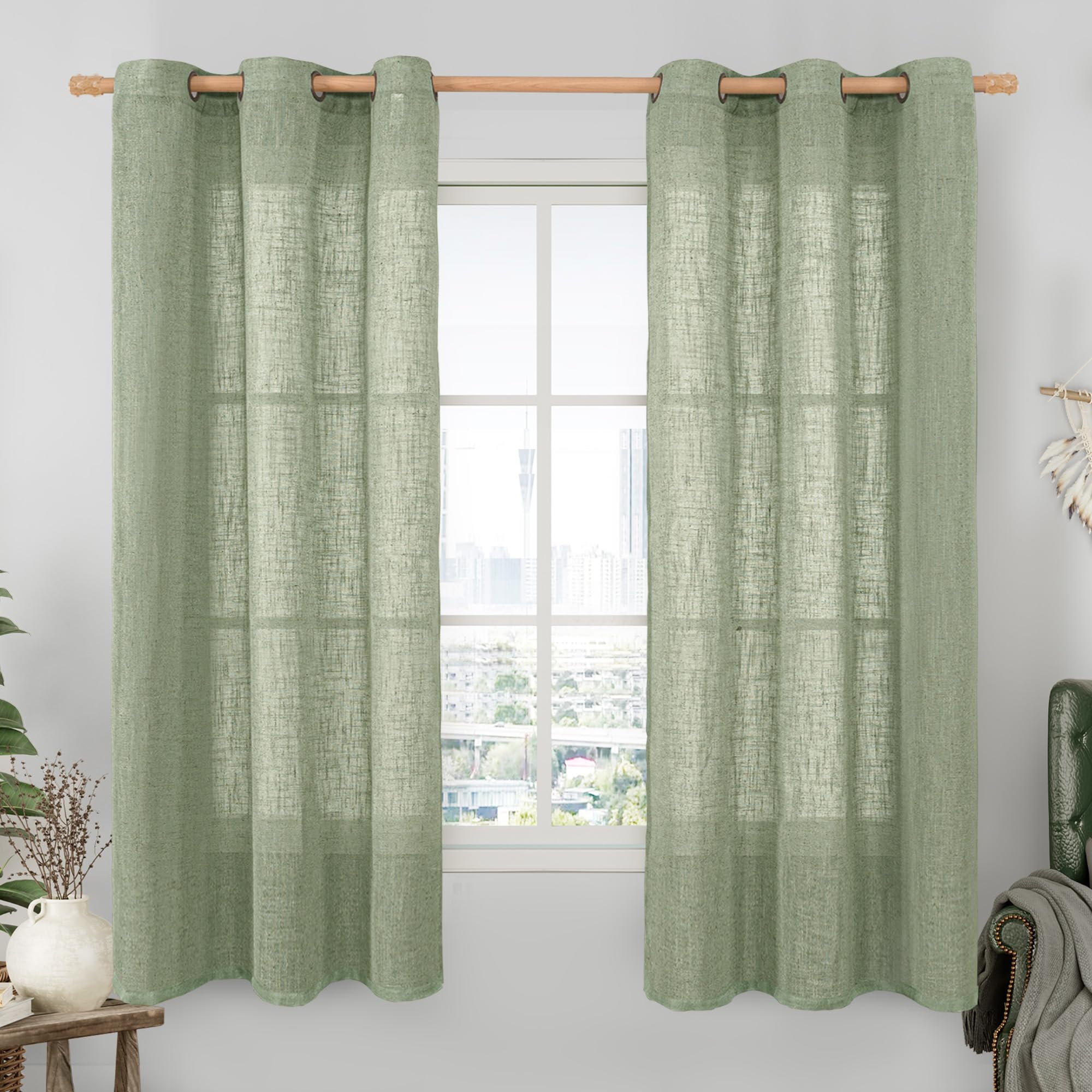 LAMIT Natural Cream Ivory Long Linen Curtains for Living Room, 108 inches Long Bronze Grommet Light Filtering Window Textured Neutral Sheer Drapes for Bedroom Farmhouse, 2 Panels, 52 x 108 Inch