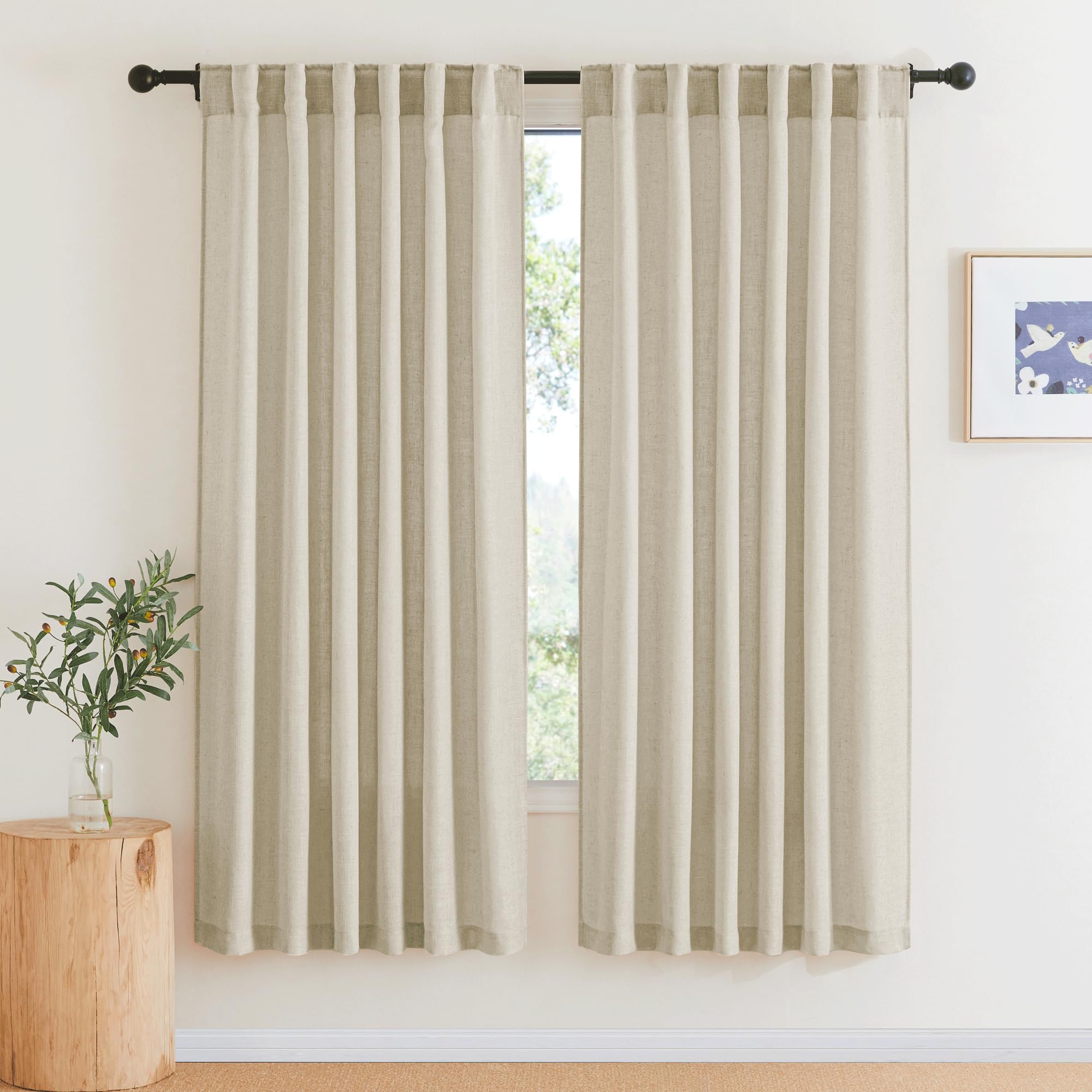 RYB HOME Semi Sheer Curtains 102 inches Long, Back Tab Light Filtration Half Privacy Window Curtains & Drapes for Bedroom Living Room, Linen, W 52 x L 102 inches, 2 Panels Set