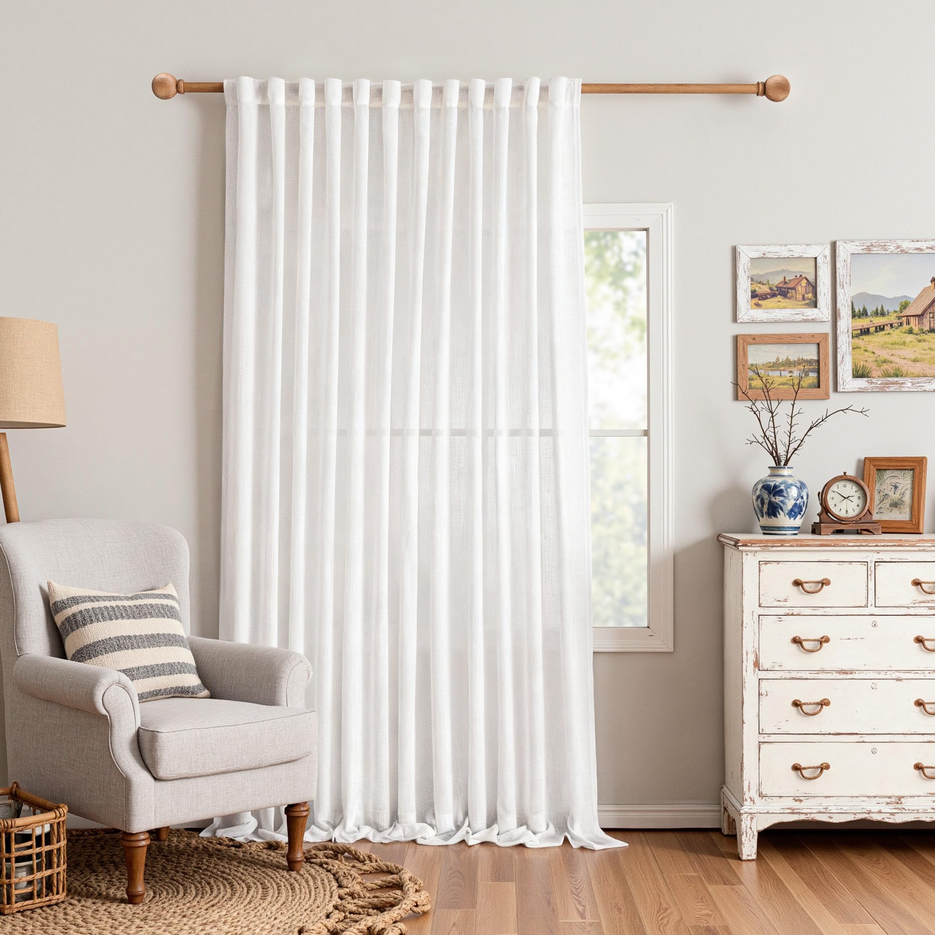 MYSKY HOME Country Curtains for Sliding Glass Door, Back Tab Semi Sheer Curtain Panels Extra Long Floor Length Drapes Linen Texture Soft Touch, 50x108 Inch, Linen, Set of 2