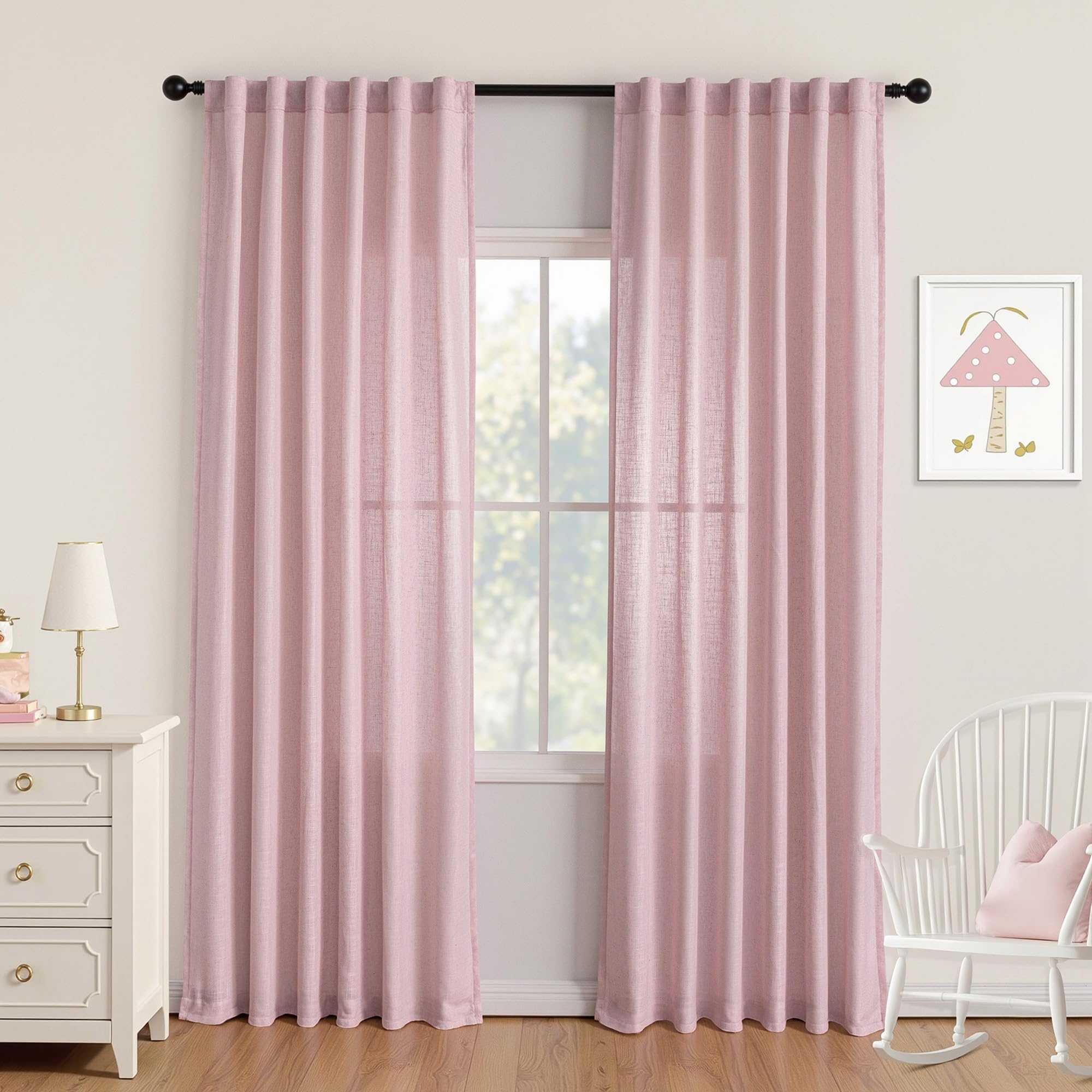 MYSKY HOME Country Curtains for Sliding Glass Door, Back Tab Semi Sheer Curtain Panels Extra Long Floor Length Drapes Linen Texture Soft Touch, 50x108 Inch, Linen, Set of 2