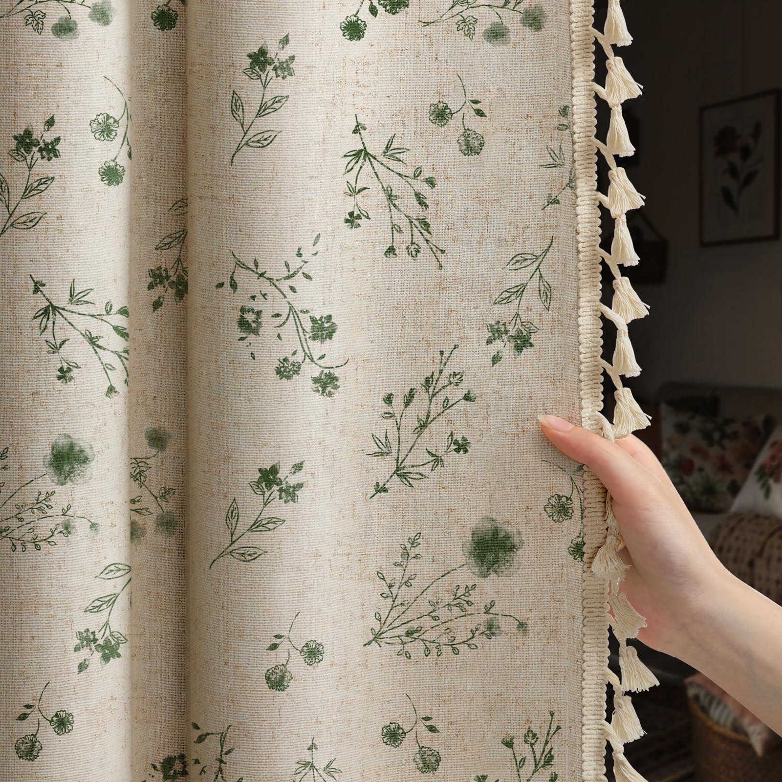 Boho Floral Spring Semi Sheer Curtains 84 Inch Length 2 Panels Set, Linen Texture Farmhouse Light Filtering Curtains Beige Tassel for Bedroom Living Room Vintage Rustic Patterned Printed Rod Pocket