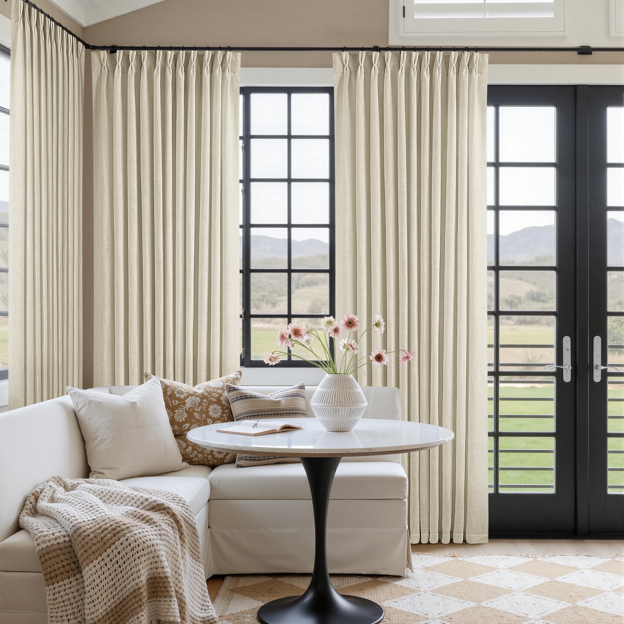 Natural Pinch Pleated Linen Curtains 84 Inch Length 2 Panels for Living Room Bedroom Textured Cream Ivory Birch Semi Sheer Boho Neutral Back Tab Pinch Pleat Hooks Rings Window Curtain 84 Inches Long
