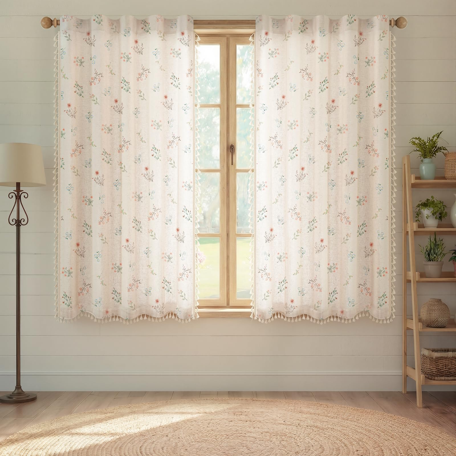 Boho Floral Spring Semi Sheer Curtains 84 Inch Length 2 Panels Set, Linen Texture Farmhouse Light Filtering Curtains Beige Tassel for Bedroom Living Room Vintage Rustic Patterned Printed Rod Pocket