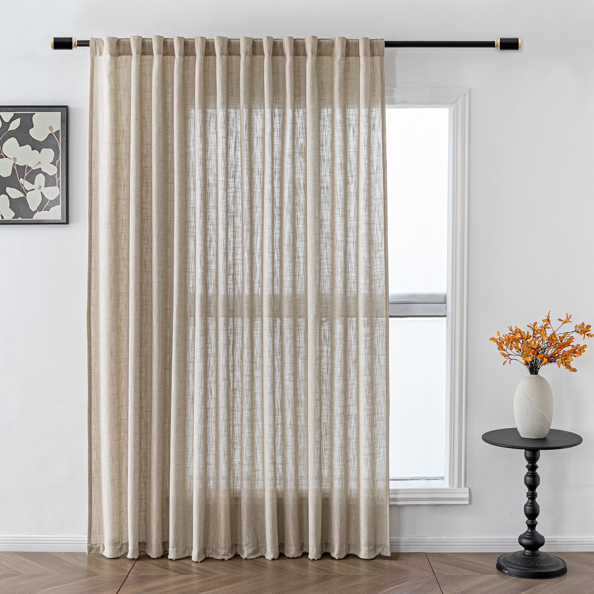 MYSKY HOME Country Curtains for Sliding Glass Door, Back Tab Semi Sheer Curtain Panels Extra Long Floor Length Drapes Linen Texture Soft Touch, 50x108 Inch, Linen, Set of 2