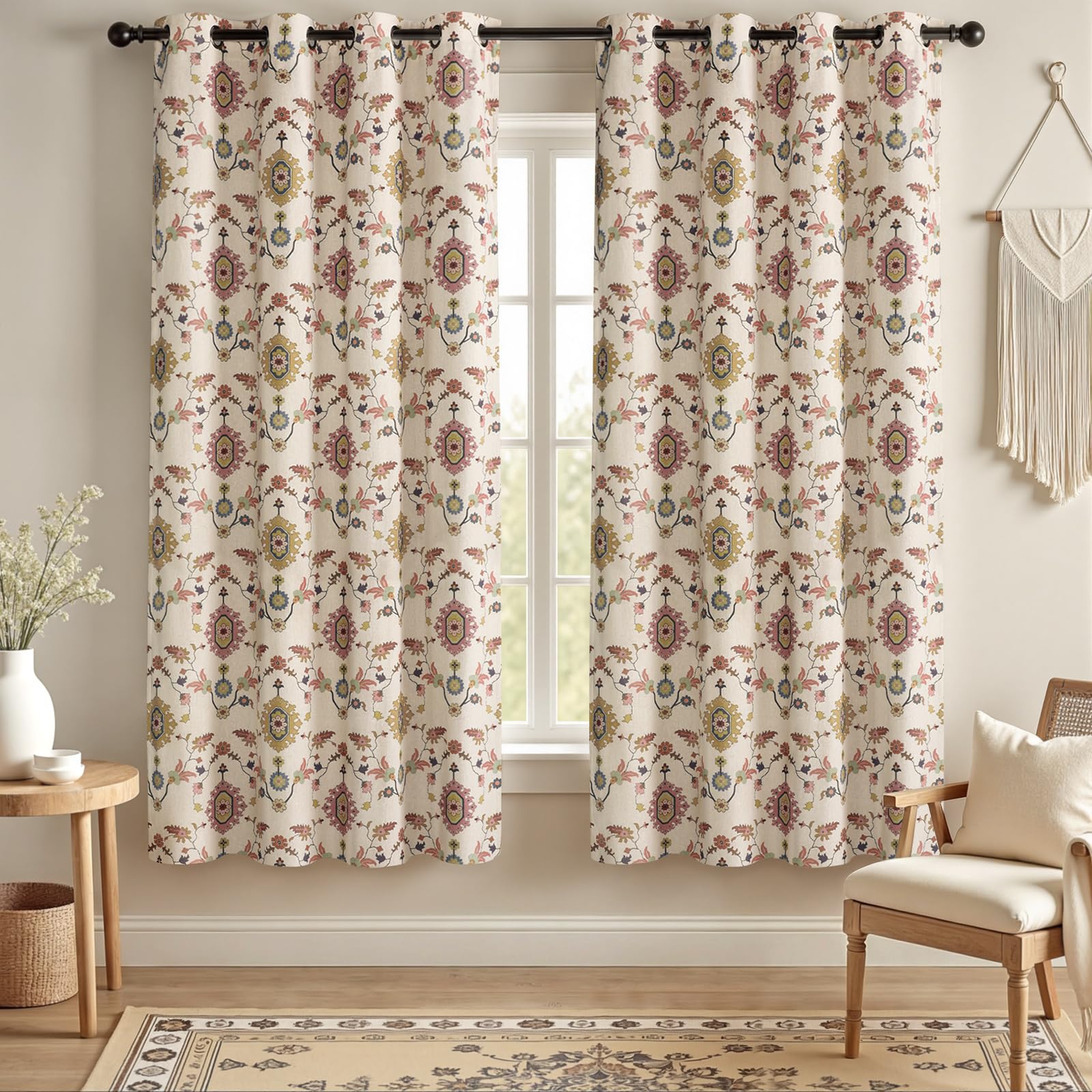 Boho Floral Spring Semi Sheer Curtains 84 Inch Length 2 Panels Set, Linen Texture Farmhouse Light Filtering Curtains Beige Tassel for Bedroom Living Room Vintage Rustic Patterned Printed Rod Pocket