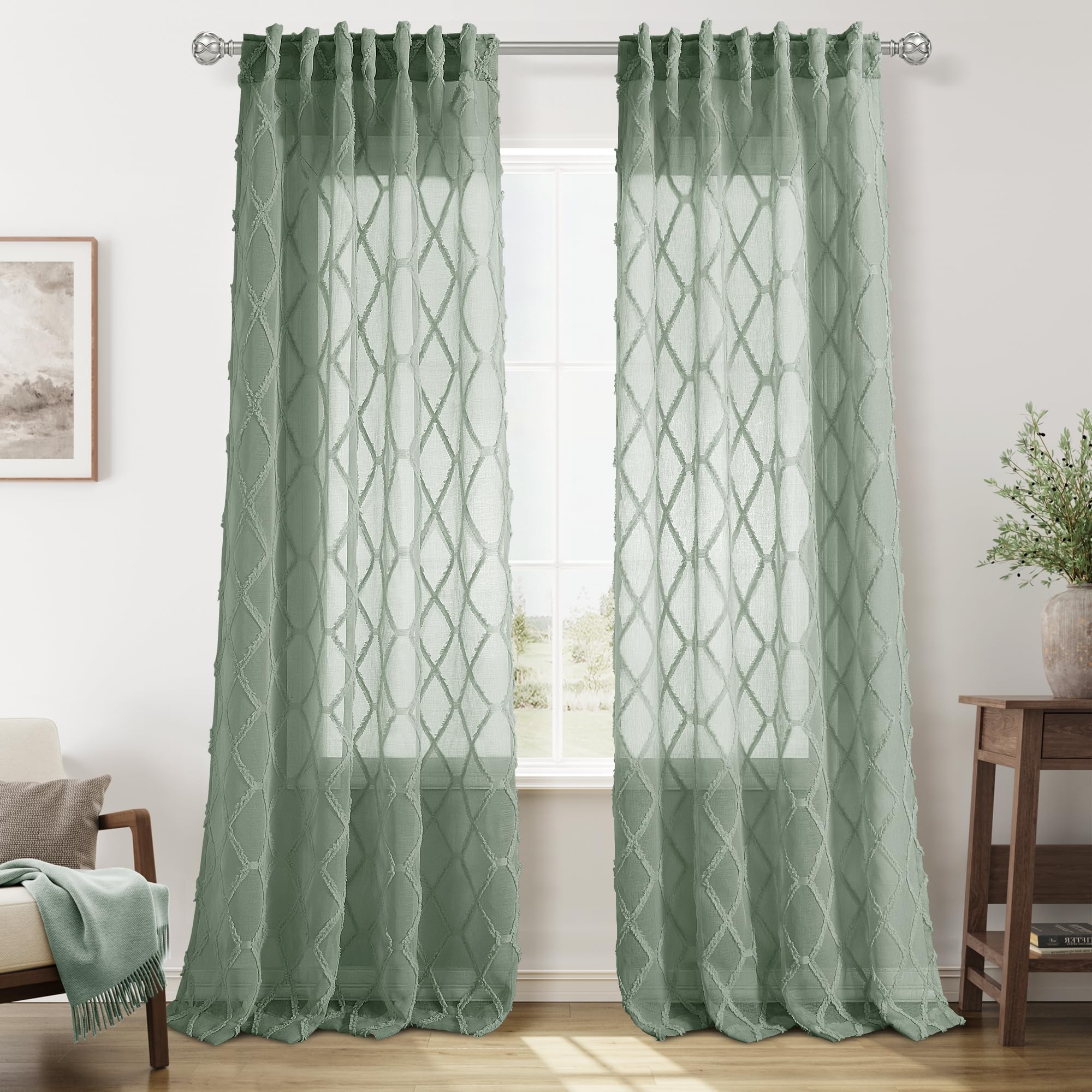 108" Beige Linen Sheer Curtains, 2 Panels, Tuft Pattern for Living Room & Bedroom
