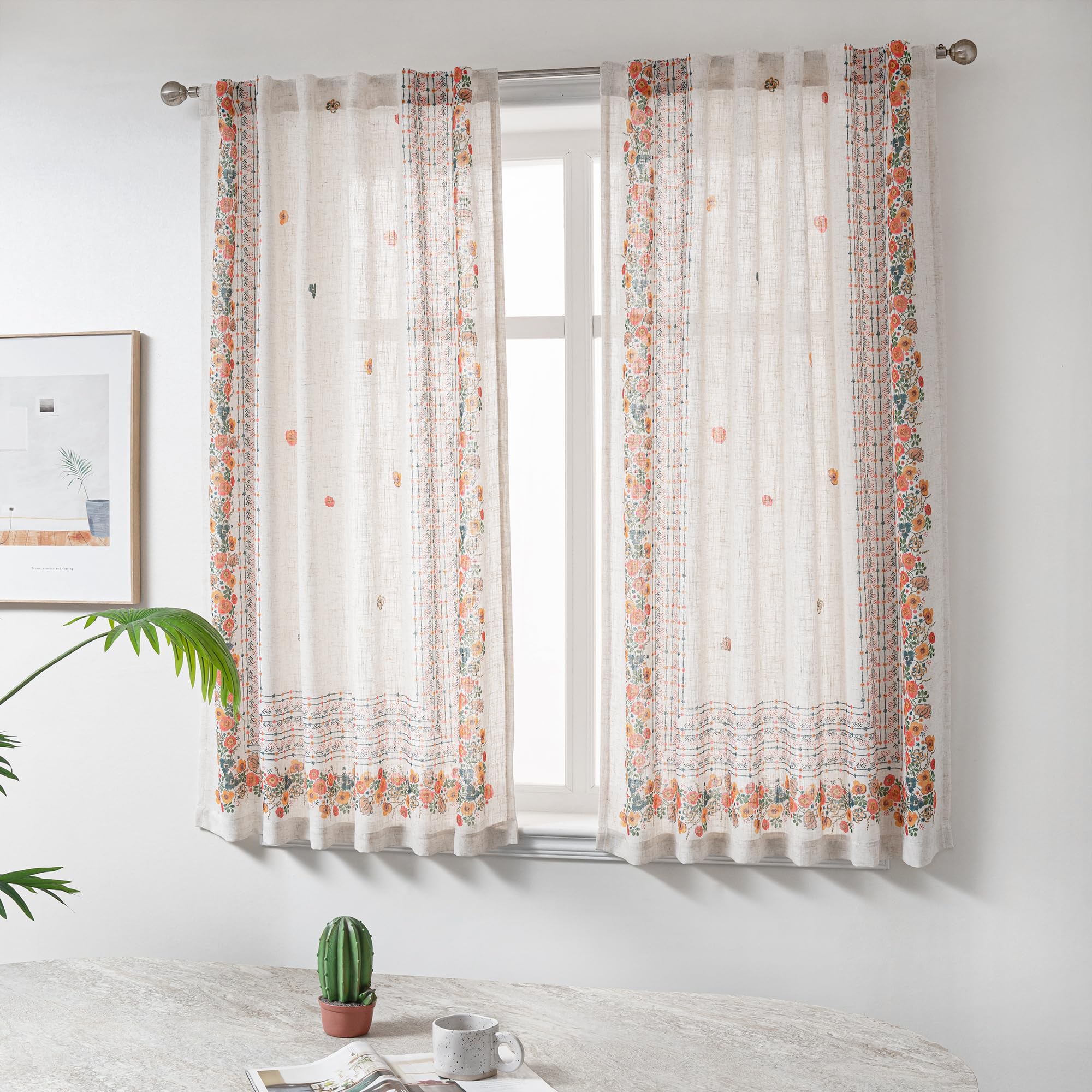 MYSKY HOME Sheer Curtains 84 Inches Long 2 Panels Linen Blended Farmhouse Curtains & Drapes for Living Room Bedroom, Light Filtering Privacy Curtains Floral Printed Classical Home Decor, Navy Blue(2)