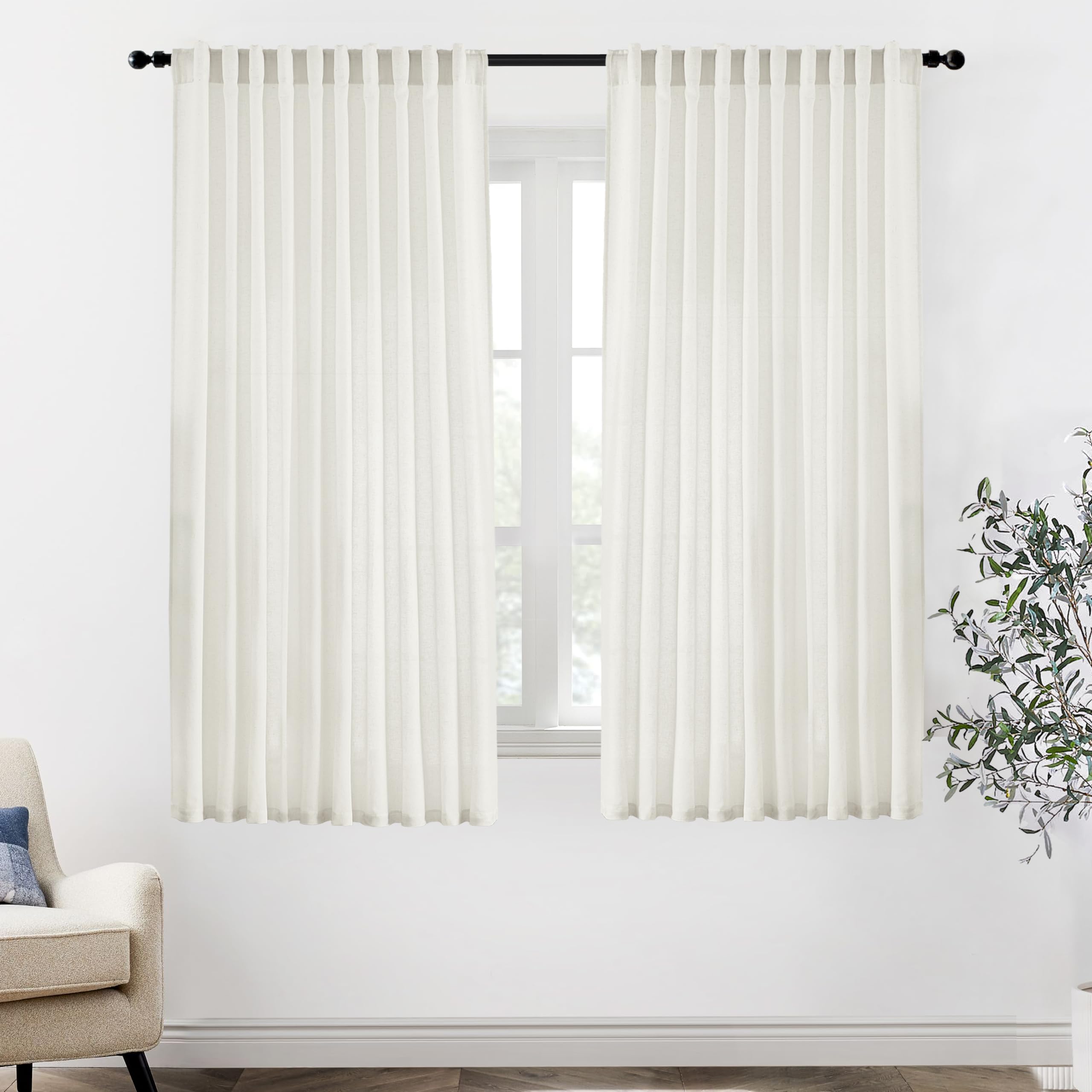 XTMYI 90 Inches Long Sheer Linen Curtains 2 Panels Set,Hook Tape Back Tab Semi Sheer Cotton Blend Fabric Modern Cottage Core Cottagecore Curtain Drapes for Living Room Bedroom,50x90 in Length