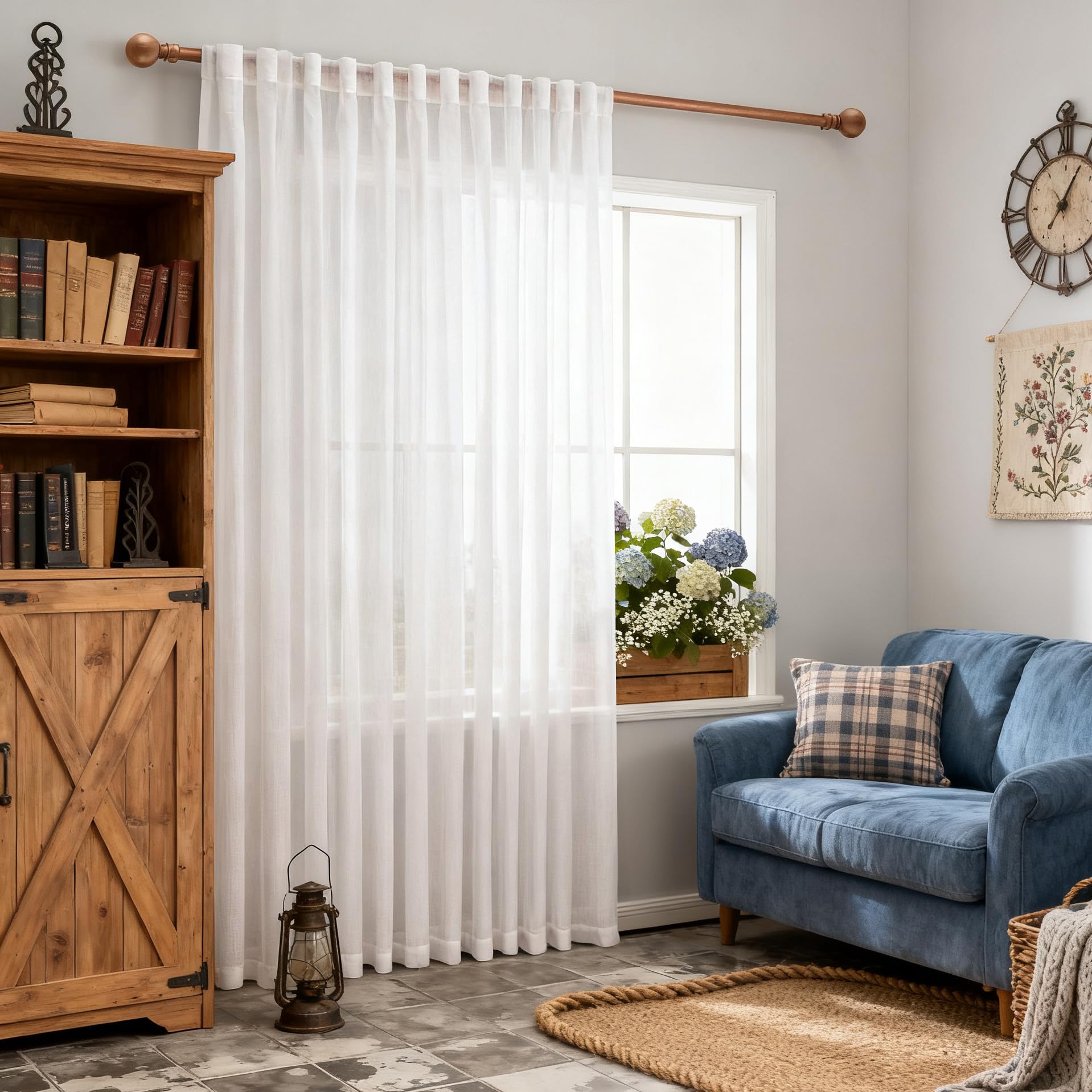 MYSKY HOME Country Curtains for Sliding Glass Door, Back Tab Semi Sheer Curtain Panels Extra Long Floor Length Drapes Linen Texture Soft Touch, 50x108 Inch, Linen, Set of 2