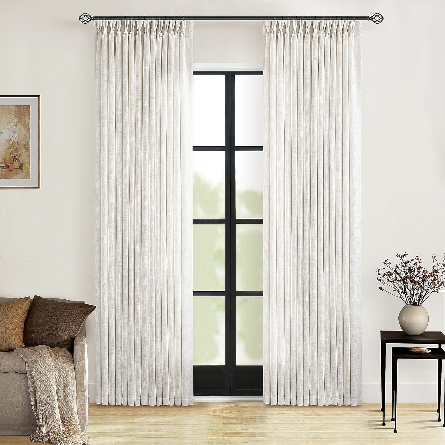 Natural Pinch Pleated Linen Curtains 84 Inch Length 2 Panels for Living Room Bedroom Textured Cream Ivory Birch Semi Sheer Boho Neutral Back Tab Pinch Pleat Hooks Rings Window Curtain 84 Inches Long