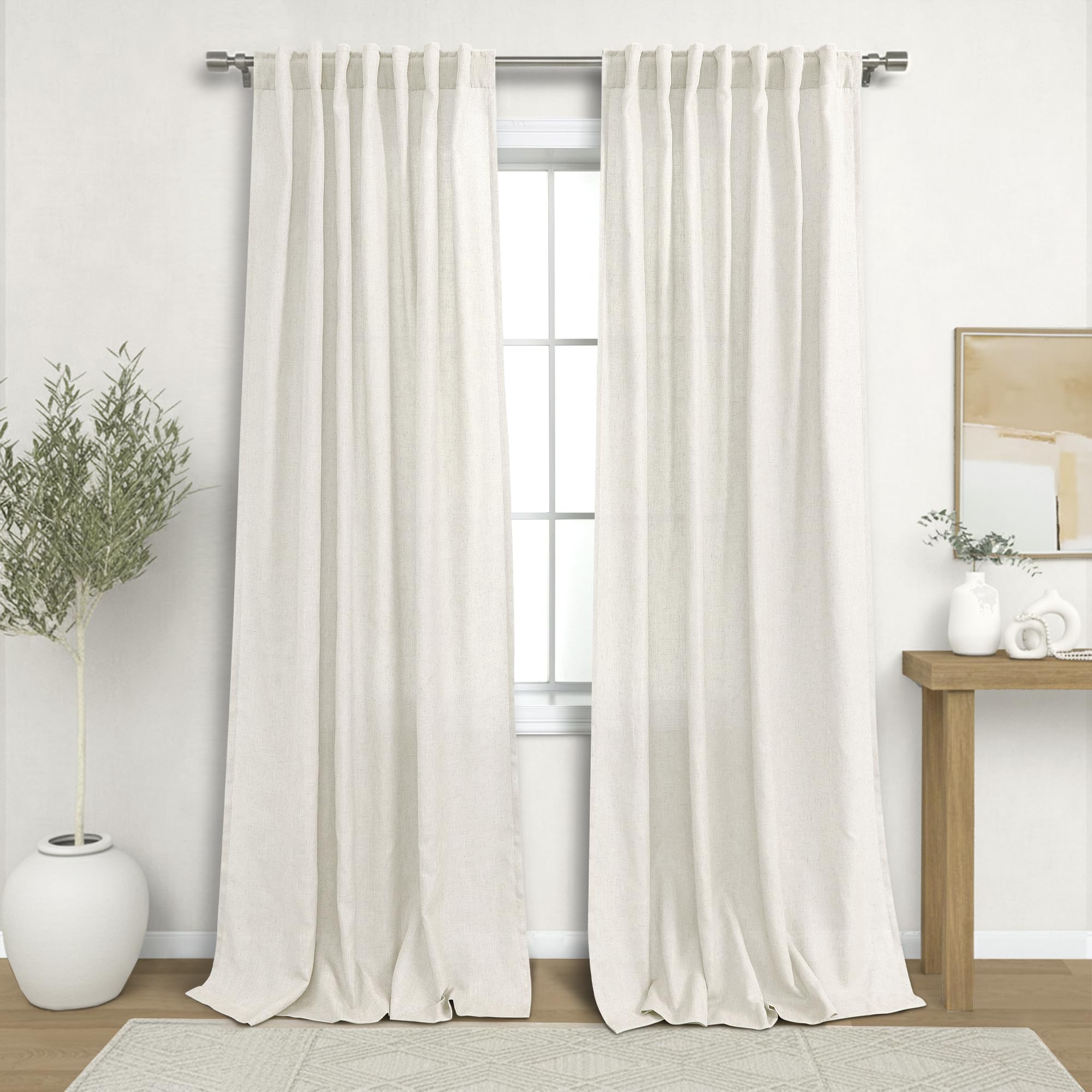 KOUFALL 92 Inch Curtains for Living Room 2 Panels Set,Light Filtering Farmhouse Boho Linen Semi Sheer Curtain Drapes 92 Inches Long for Bedroom,Cream Ivory