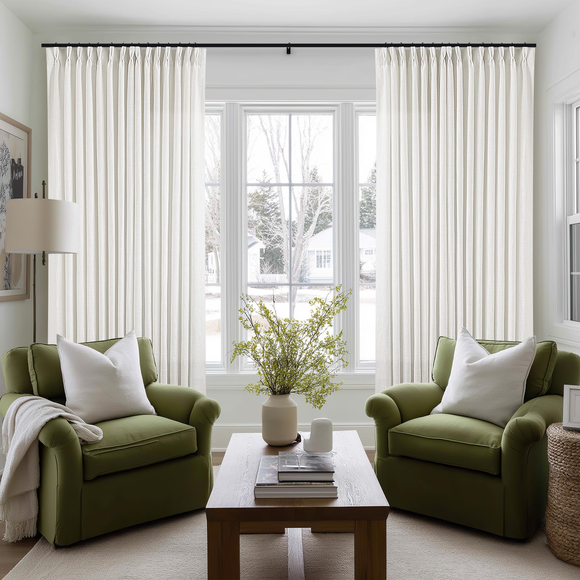 Natural Pinch Pleated Linen Curtains 84 Inch Length 2 Panels for Living Room Bedroom Textured Cream Ivory Birch Semi Sheer Boho Neutral Back Tab Pinch Pleat Hooks Rings Window Curtain 84 Inches Long