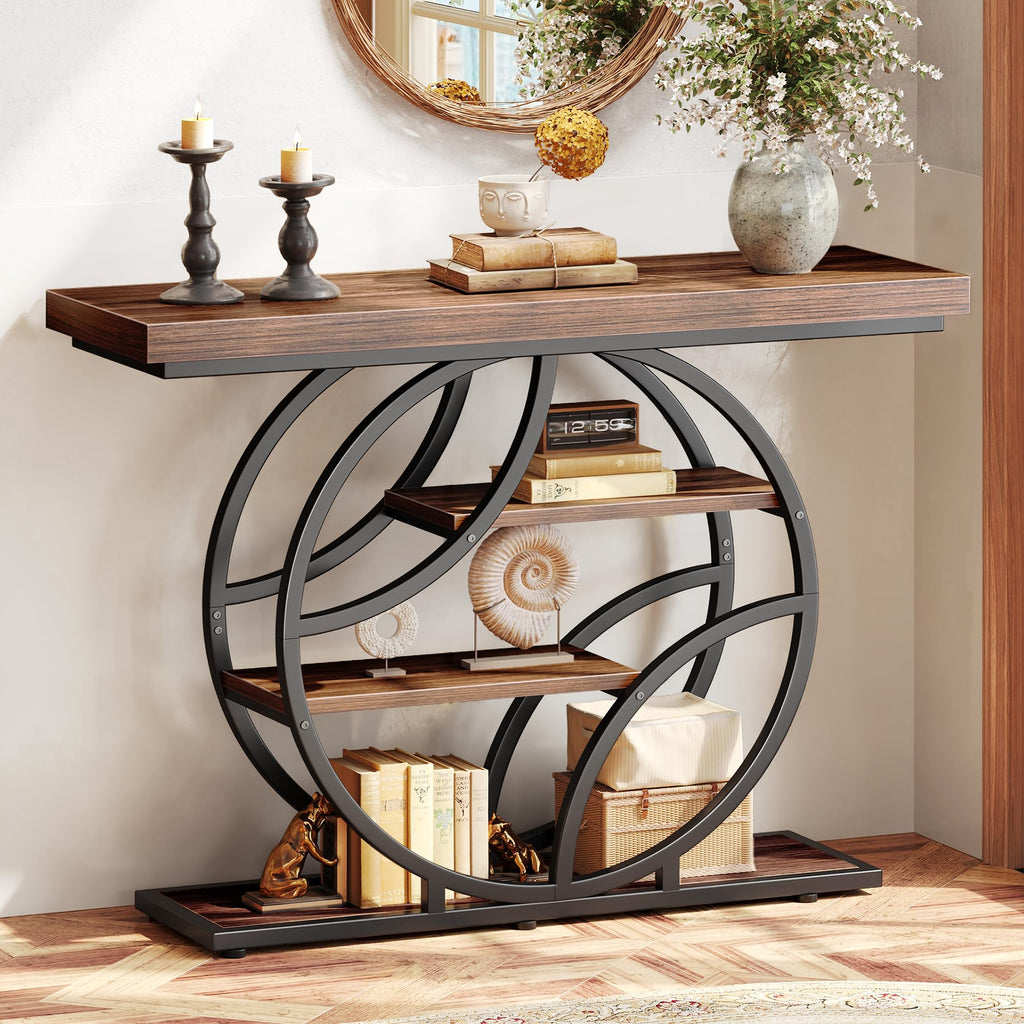 Huuger Modern Console Table, 41.3 Inch Sofa Table with Artistic Curved Metal Frame, Narrow Entryway Table for Hallway, Living Room, Behind Couch, Rustic Brown