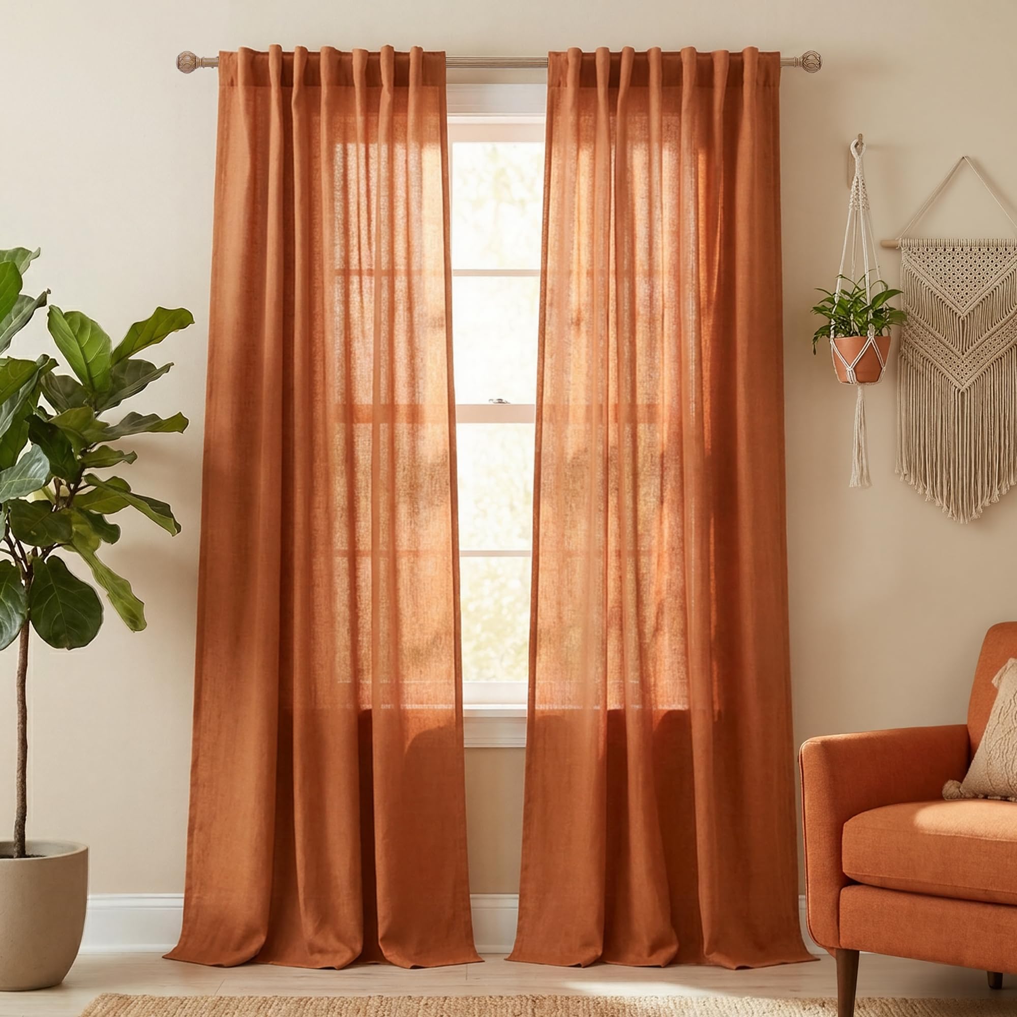 KOUFALL 92 Inch Curtains for Living Room 2 Panels Set,Light Filtering Farmhouse Boho Linen Semi Sheer Curtain Drapes 92 Inches Long for Bedroom,Cream Ivory
