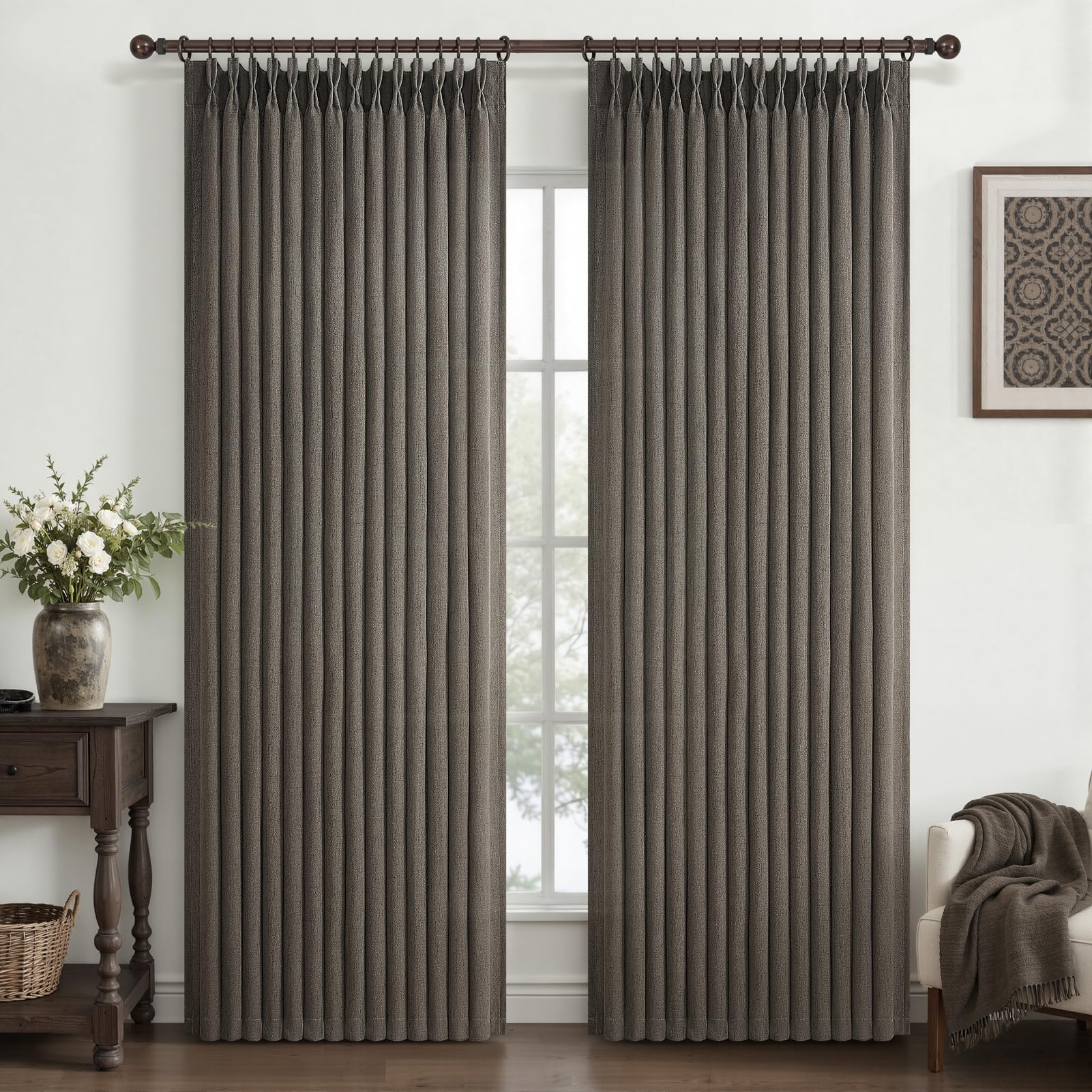Pinch Pleated Linen Curtains 96 Inches Long for Living Room Bedroom, Light Filtering Boho Window Drape 96 inch 2 Panels Burgs with Hooks&Rings 8ft Cream Birch Sliding Glass Door Sheer Curtain Decor