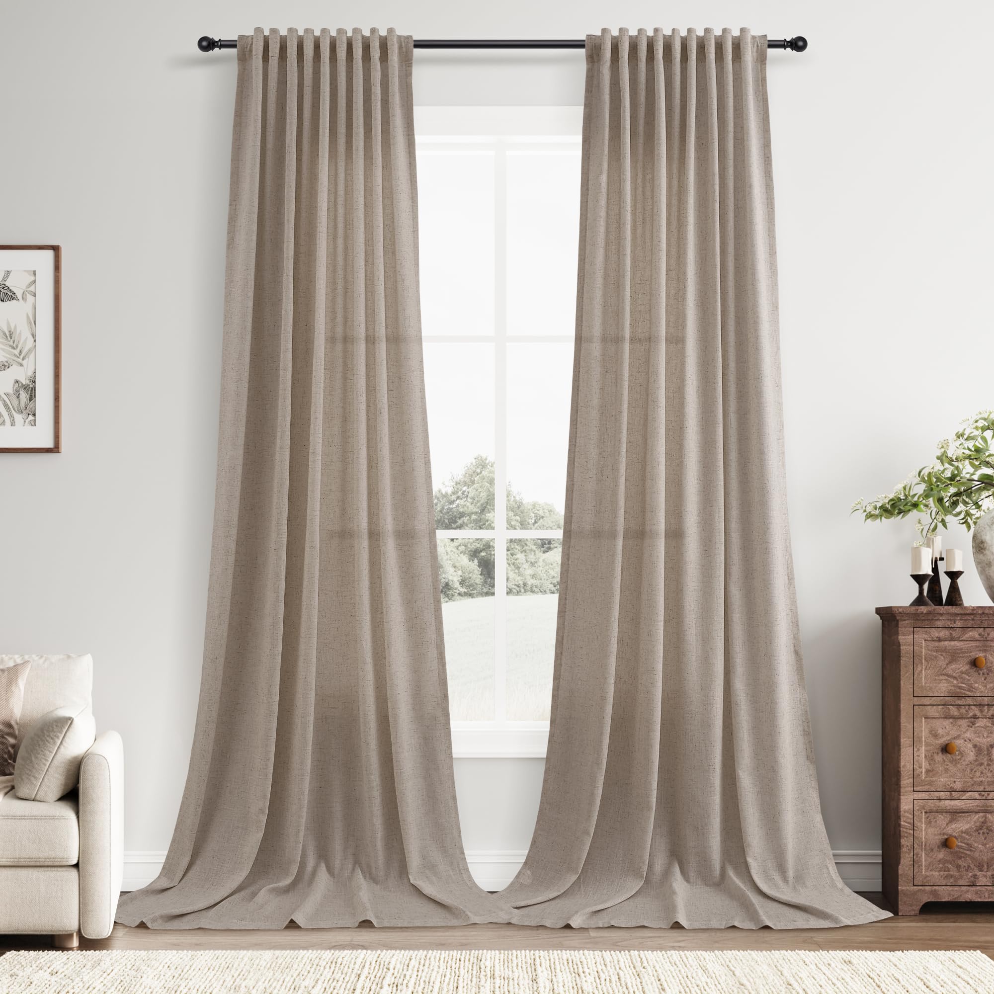 Nanspring Linen Curtains 80 Inches Long for Living Room Semi Sheer Light Filtering Curtain Back Tab Neutral Boho Modern Farmhouse Window Drapes for Bedroom 52x80 2 Panels Cream Ivory Beige Natural