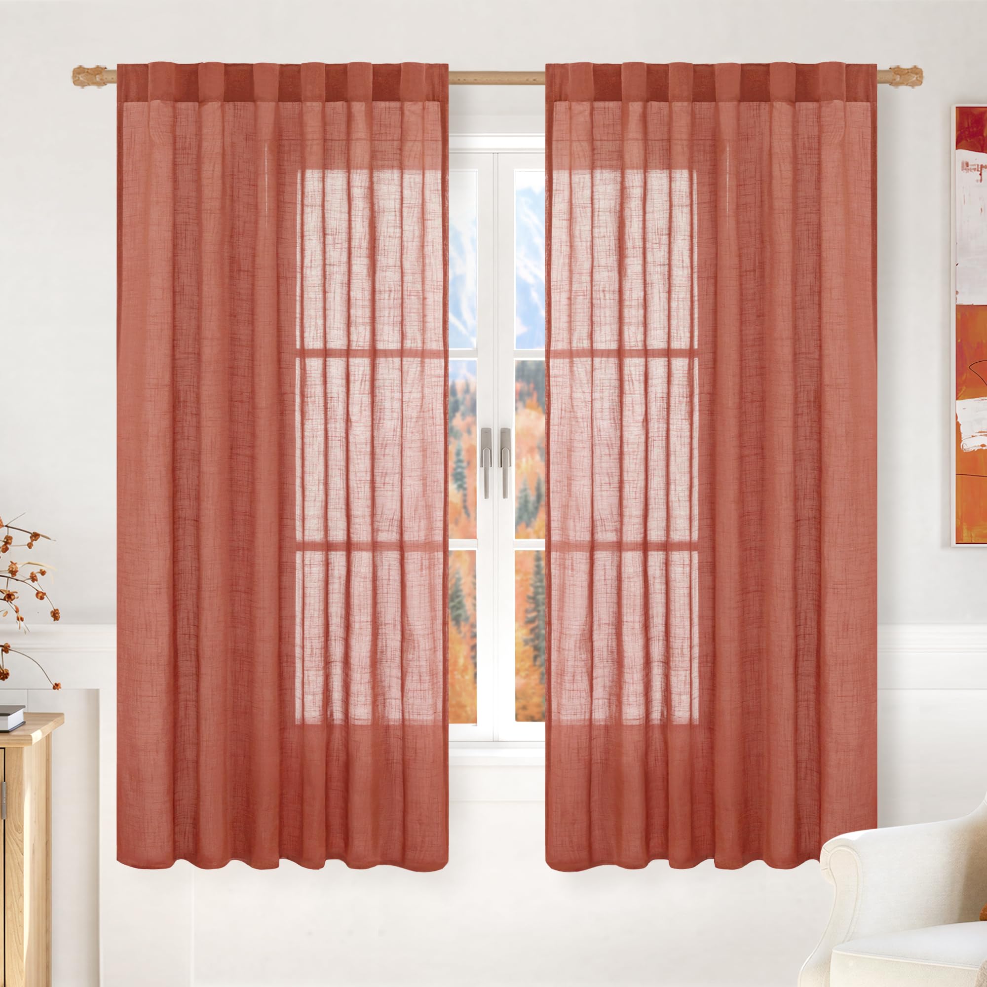 LAMIT Natural Linen Sheer Curtains 90 Inches Long 2 Panels, Long Light Filtering Window Treatments Back Tab and Rod Pocket Farmhouse Boho Panels for Living Room/Bedroom/Dining Room, 52 x 90 Inch