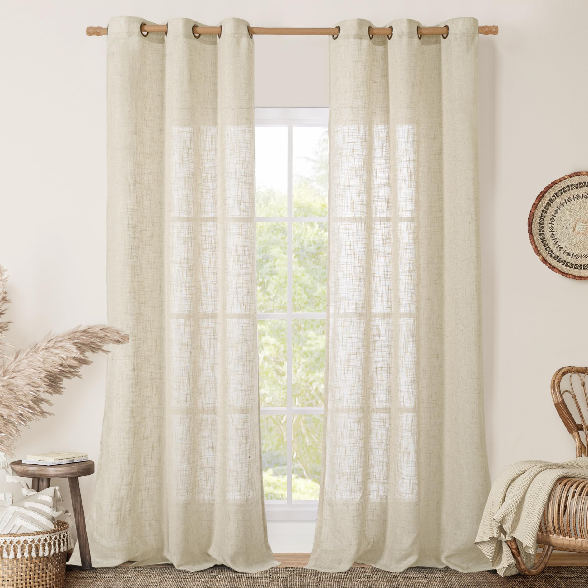 LAMIT Natural Cream Ivory Long Linen Curtains for Living Room, 108 inches Long Bronze Grommet Light Filtering Window Textured Neutral Sheer Drapes for Bedroom Farmhouse, 2 Panels, 52 x 108 Inch
