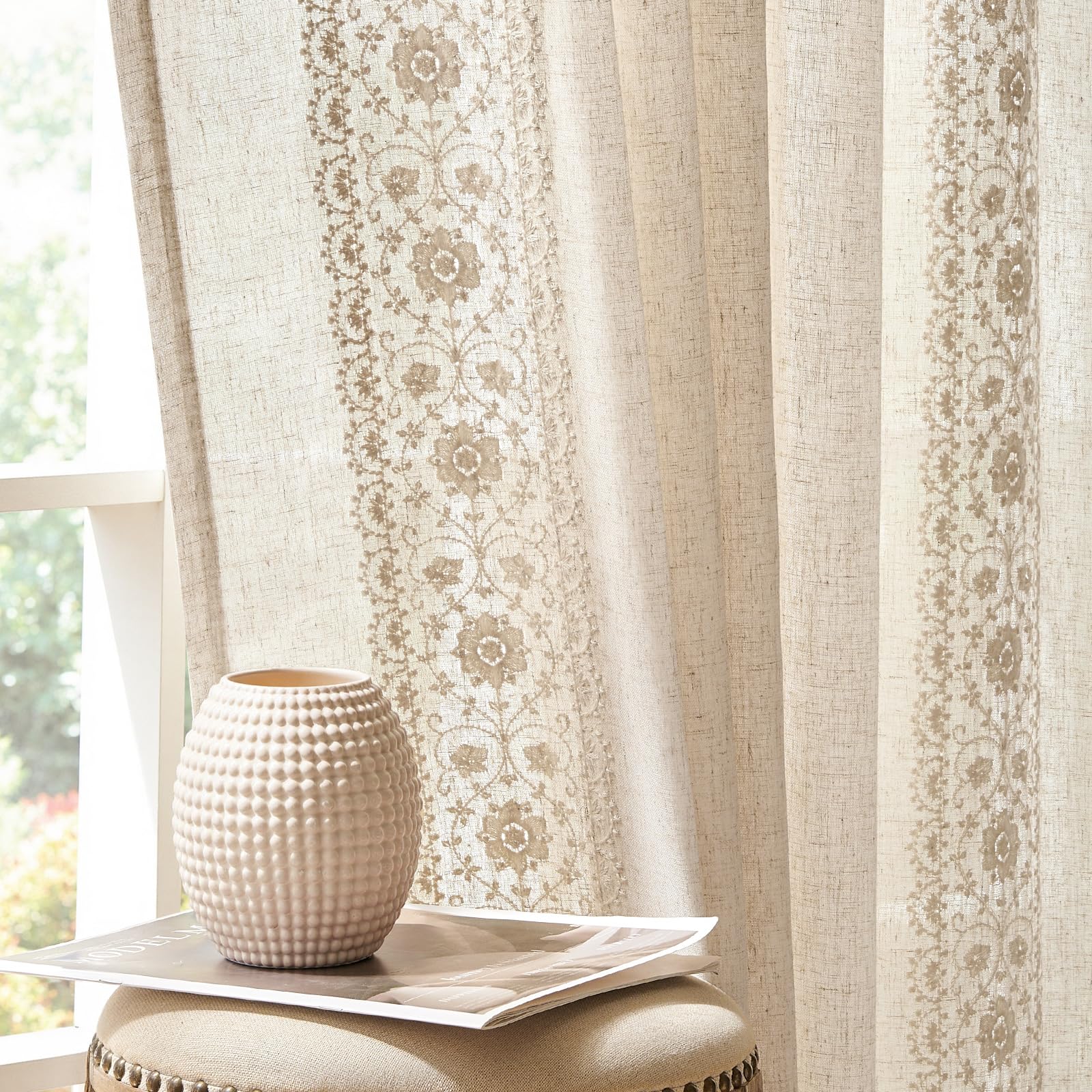 jinchan Weslie Beige Floral Sheer Curtains for Living Room 84 Inch Long Embroidered Voile Farmhouse Linen Curtains for Bedroom Ivory Flower Patterned Cottage Core Window Drapes 2 Panels Ivory on Beige