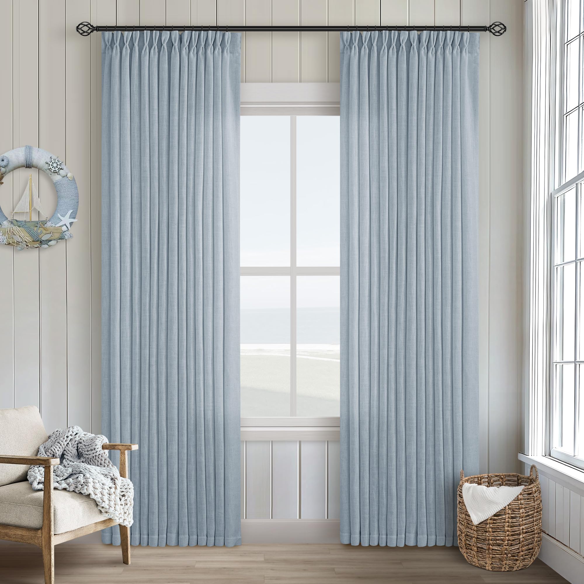 Natural Pinch Pleated Linen Curtains 84 Inch Length 2 Panels for Living Room Bedroom Textured Cream Ivory Birch Semi Sheer Boho Neutral Back Tab Pinch Pleat Hooks Rings Window Curtain 84 Inches Long