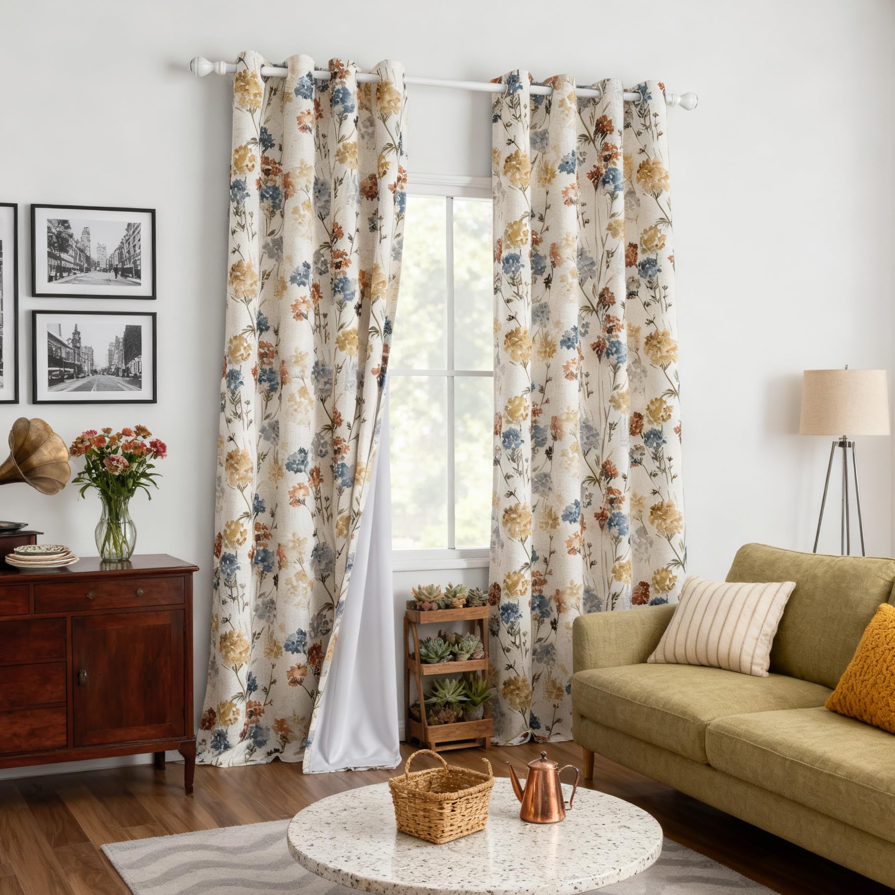 MYSKY HOME Sage Green Floral Linen Spring Curtains 84 inch Long 2 Panels Set Semi Sheer Light Filtering Farmhouse Flower Pattern Grommet Top for Living Room Bedroom, 52" W Each Panel