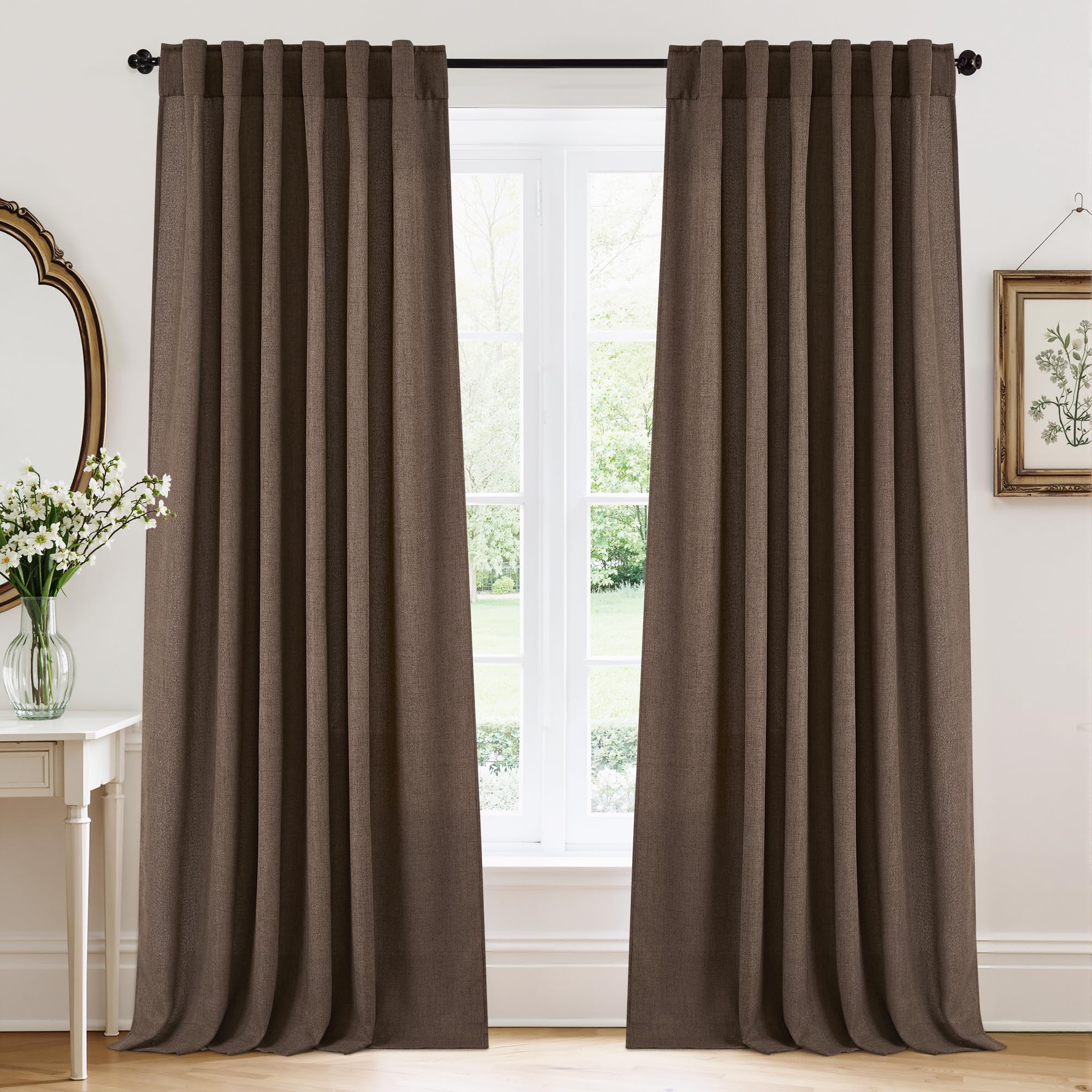 RYB HOME Semi Sheer Curtains 102 inches Long, Back Tab Light Filtration Half Privacy Window Curtains & Drapes for Bedroom Living Room, Linen, W 52 x L 102 inches, 2 Panels Set