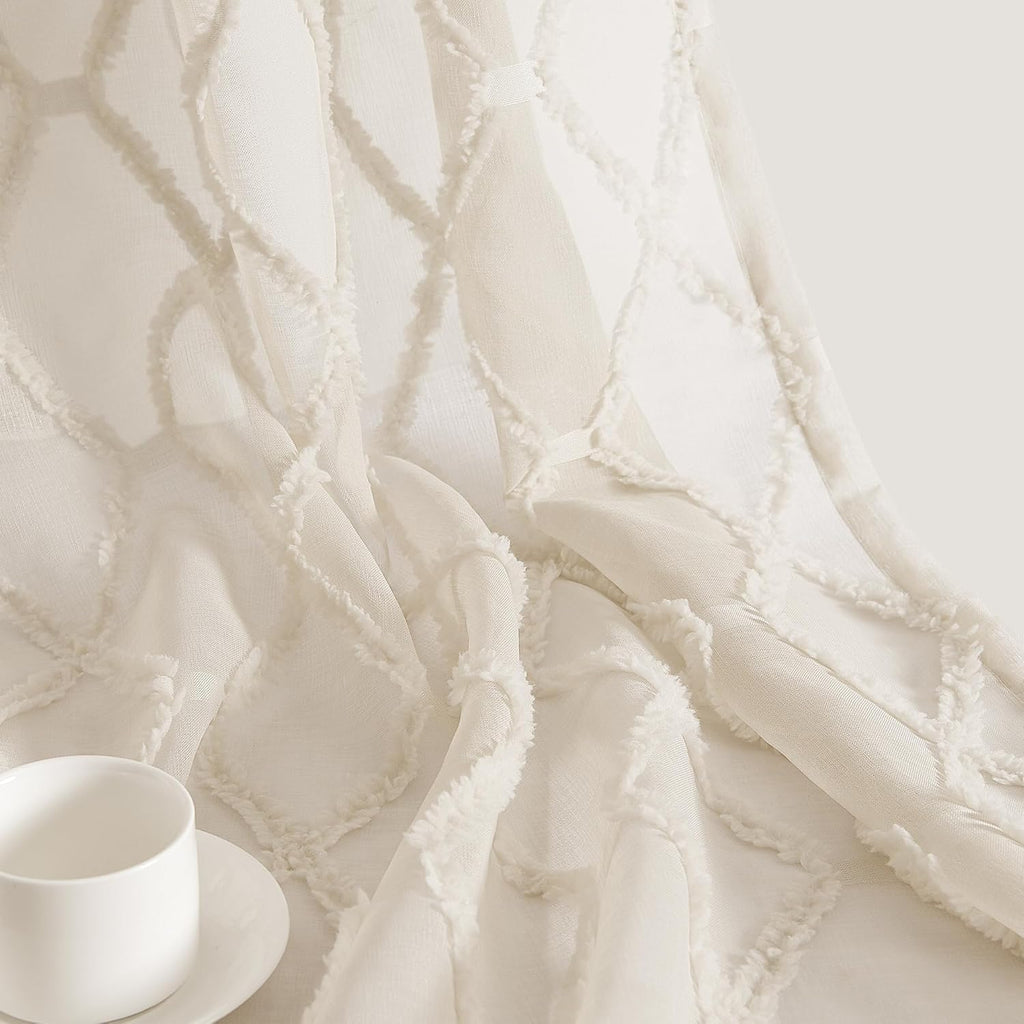 108" Beige Linen Sheer Curtains, 2 Panels, Tuft Pattern for Living Room & Bedroom
