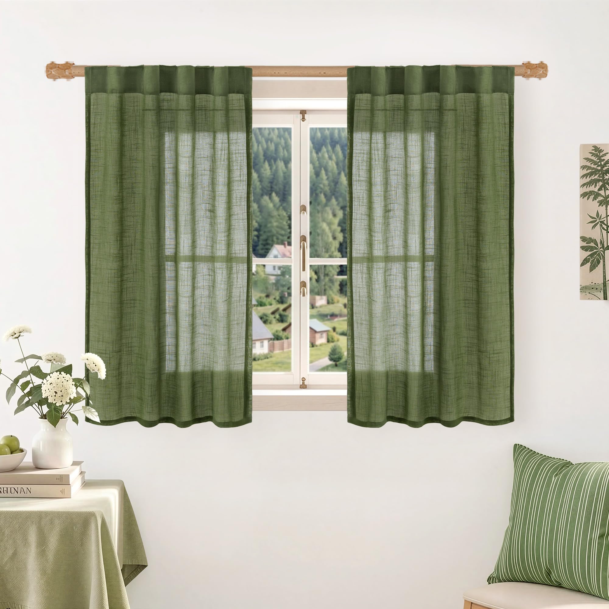 LAMIT Natural Linen Sheer Curtains 90 Inches Long 2 Panels, Long Light Filtering Window Treatments Back Tab and Rod Pocket Farmhouse Boho Panels for Living Room/Bedroom/Dining Room, 52 x 90 Inch